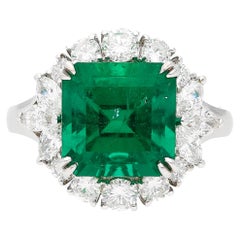 GRS Certified 5.20 Carat Minor Oil Colombian Emerald and Diamond Halo Ring