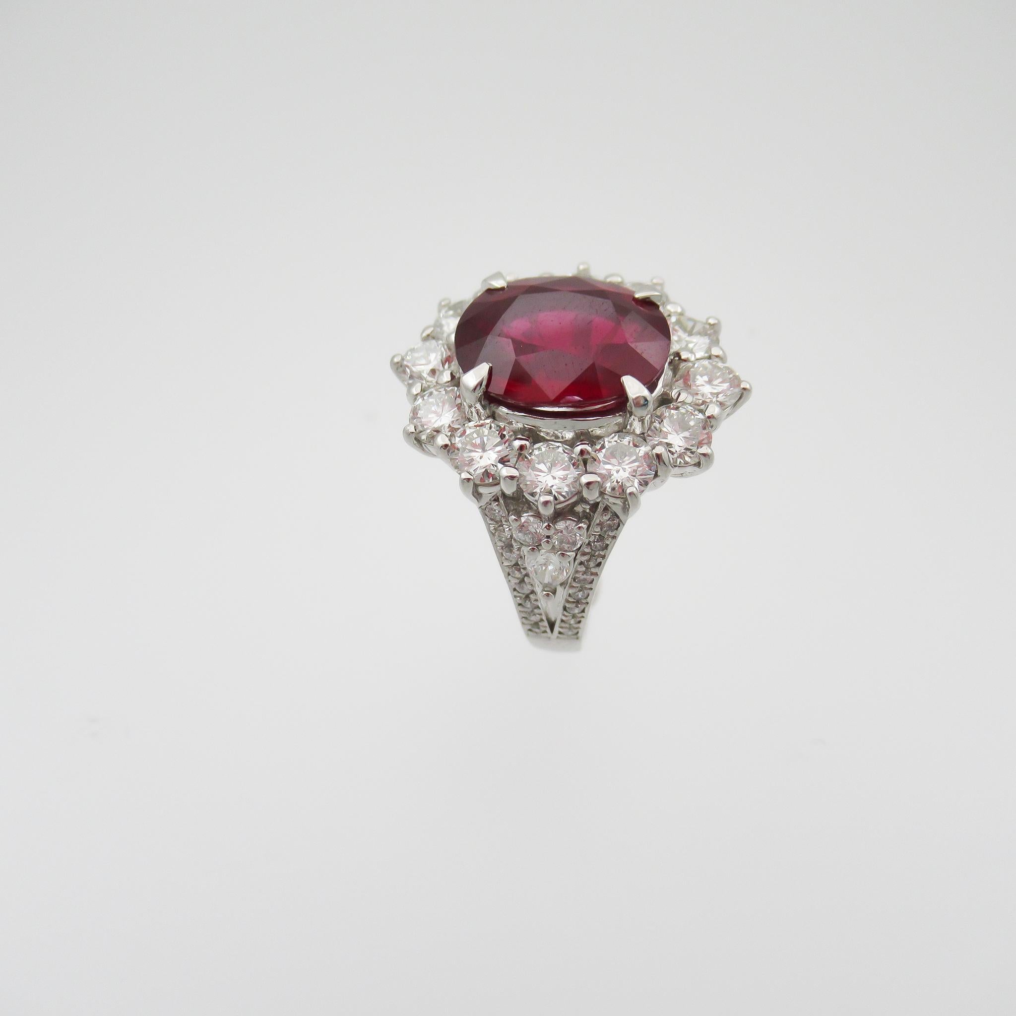 Oval Cut GRS Certified 5.24 Carat Unheated Pigeon Blood Ruby Ring with Diamonds