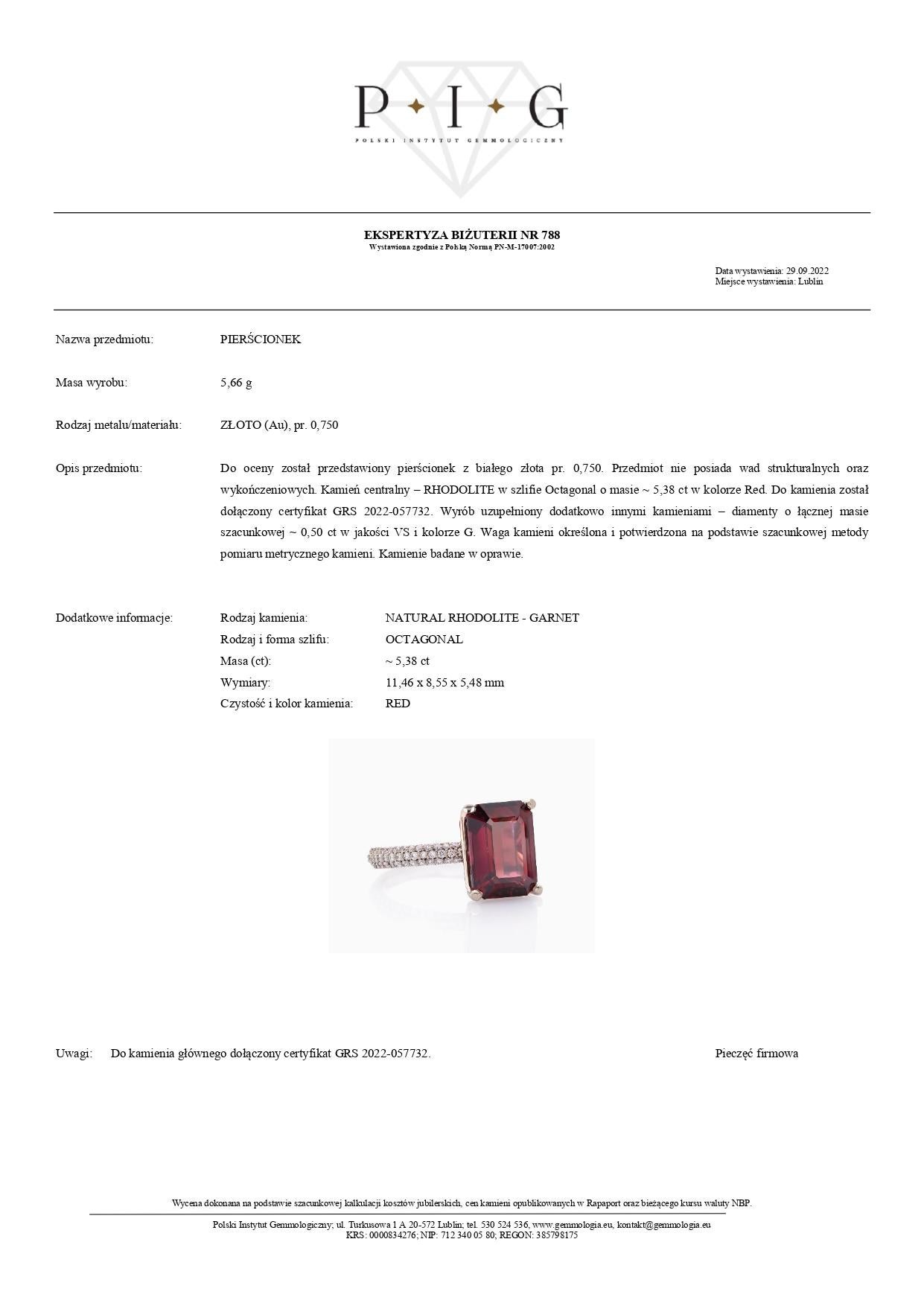 GRS-zertifiziert 5,38 Karat Rhodolith Granat und 0,50 Karat Diamant-Ring in 18K weiß im Zustand „Neu“ im Angebot in Warszawa, PL