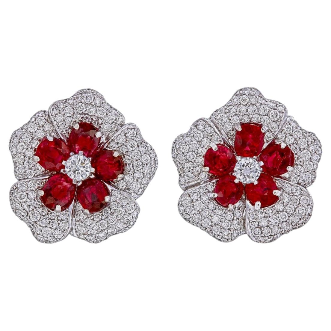 GRS Certified 5.4 Carat Pigeon Blood Burma No Heat Ruby Diamond Earrings in Gold