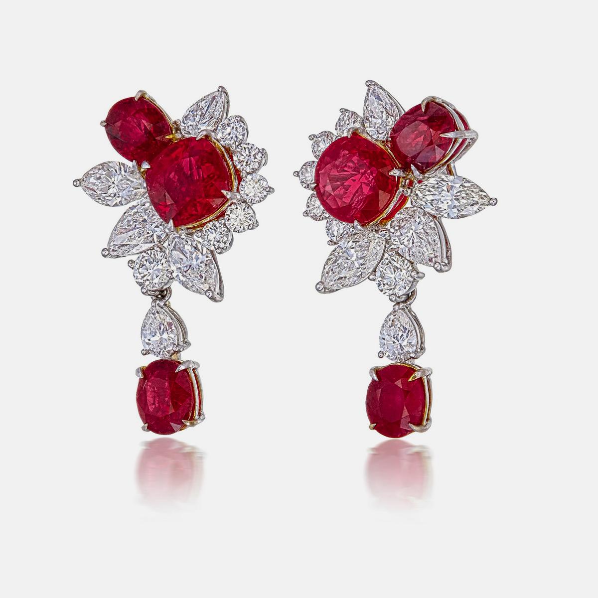 Cushion Cut GRS Certified 5.41 Carat Pigeon Blood Ruby and Diamond Earrings