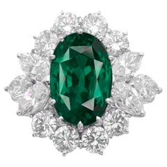 GRS Certified 3.57 Carat Zambian Emerald Cluster Diamond Halo Ring