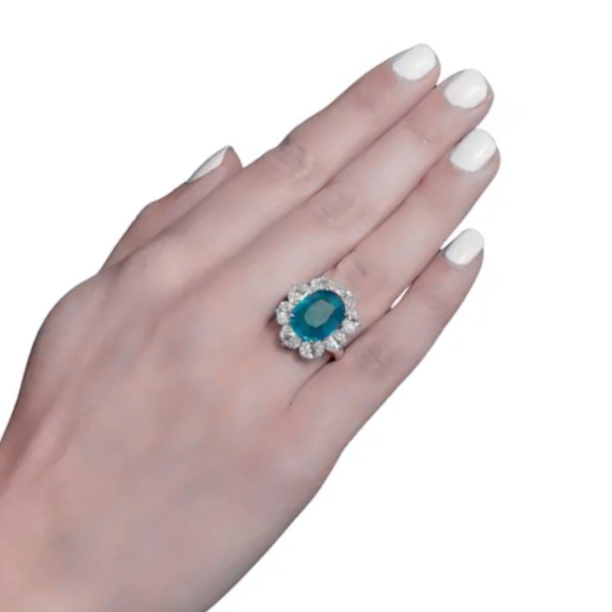 Contemporary GRS Certified 7.30 Carat  Zambian Emerald Diamond Halo 18K White Gold Ring For Sale