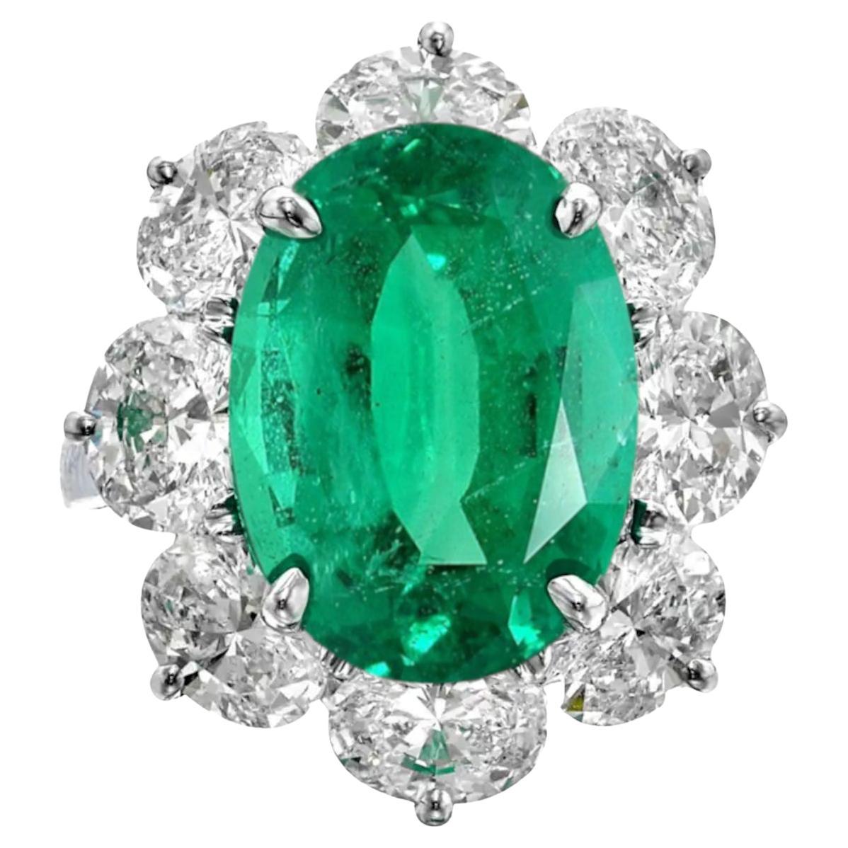 GRS Certified 7.30 Carat  Zambian Emerald Diamond Halo 18K White Gold Ring