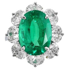 GRS Certified 7.30 Carat  Zambian Emerald Diamond Halo 18K White Gold Ring