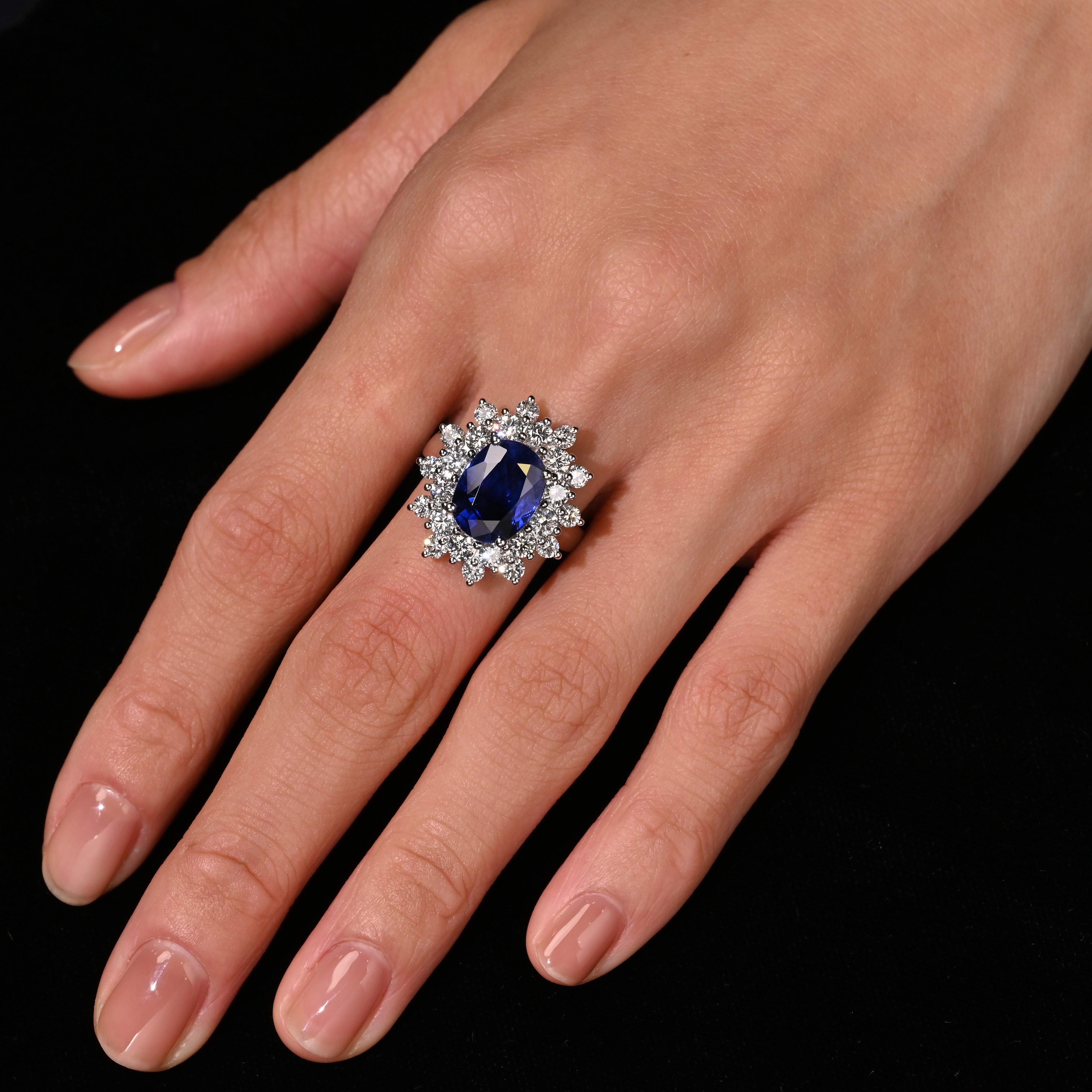 GRS Certified 5.79 Carat Oval Royal Blue Sapphire and Diamond Halo Ring For Sale 5