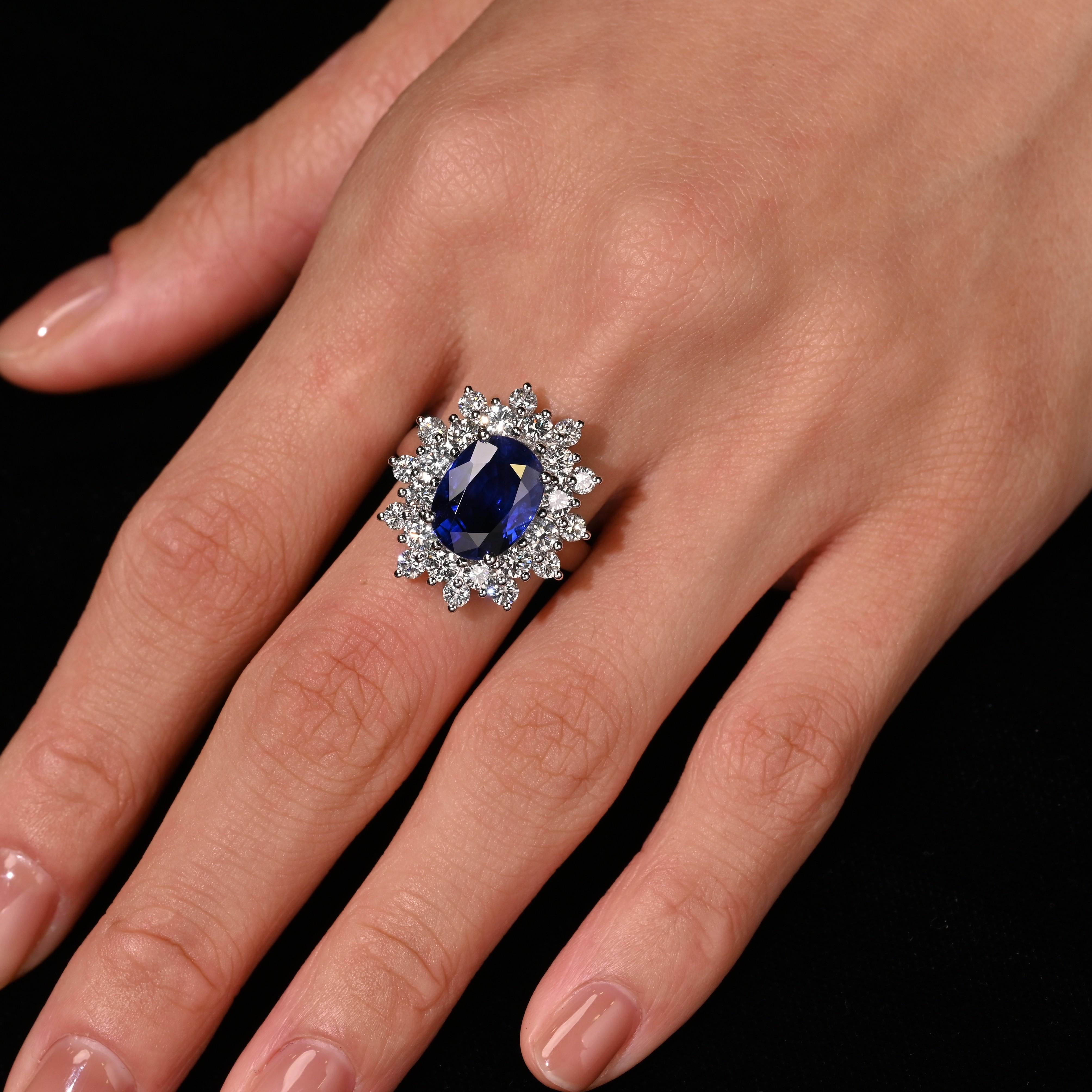GRS Certified 5.79 Carat Oval Royal Blue Sapphire and Diamond Halo Ring For Sale 6