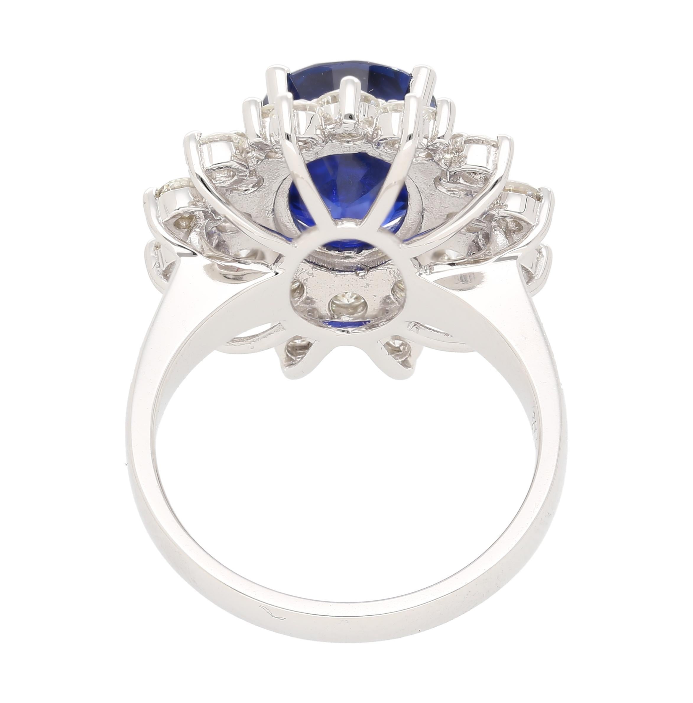 GRS Certified 5.79 Carat Oval Royal Blue Sapphire and Diamond Halo Ring In New Condition For Sale In Miami, FL
