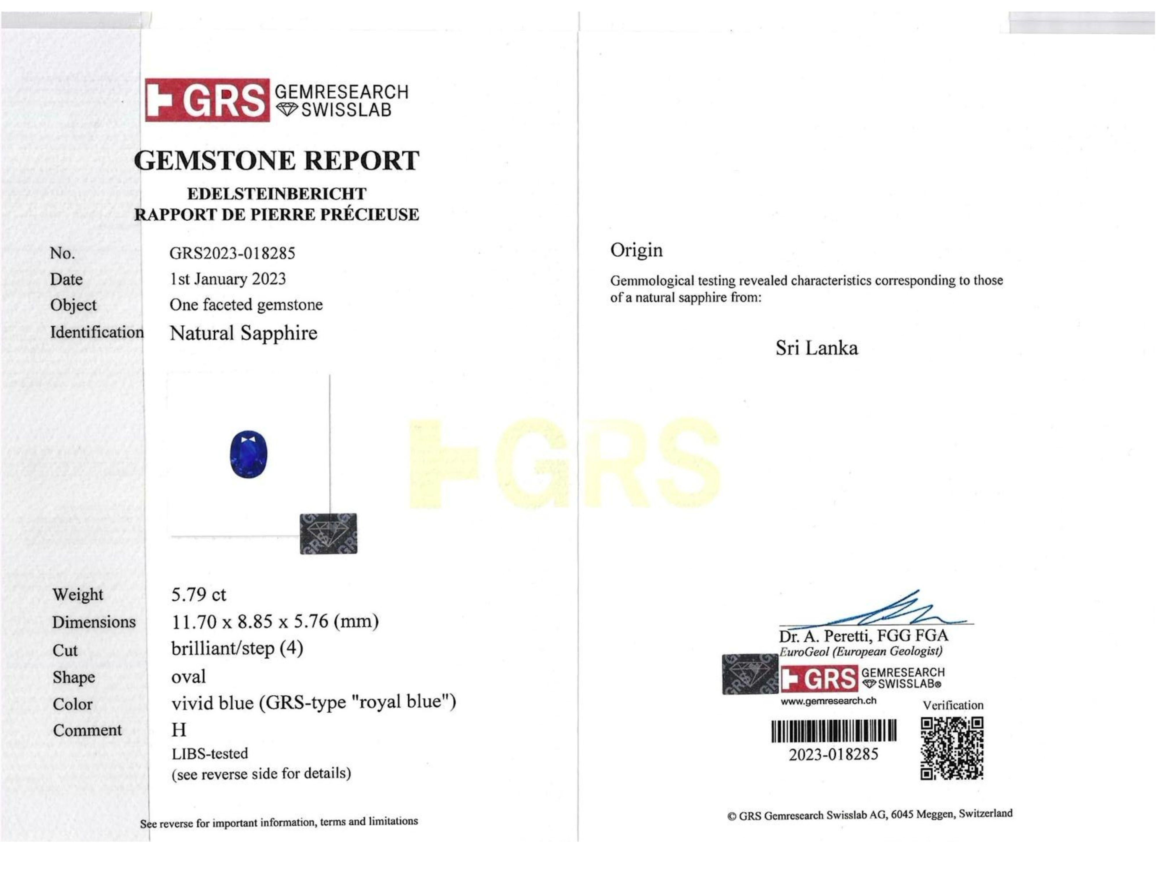 GRS Certified 5.79 Carat Oval Royal Blue Sapphire and Diamond Halo Ring For Sale 1
