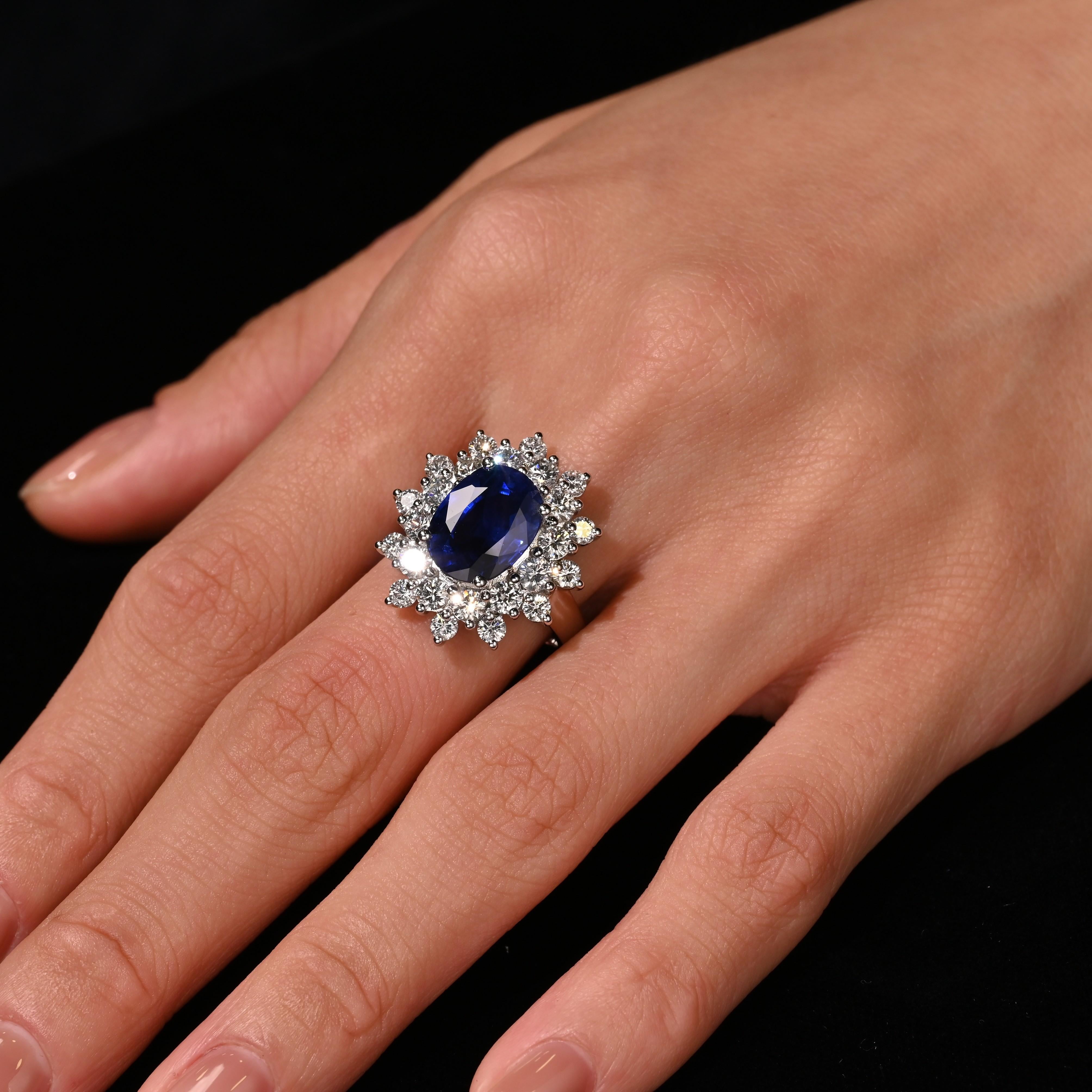 GRS Certified 5.79 Carat Oval Royal Blue Sapphire and Diamond Halo Ring For Sale 2