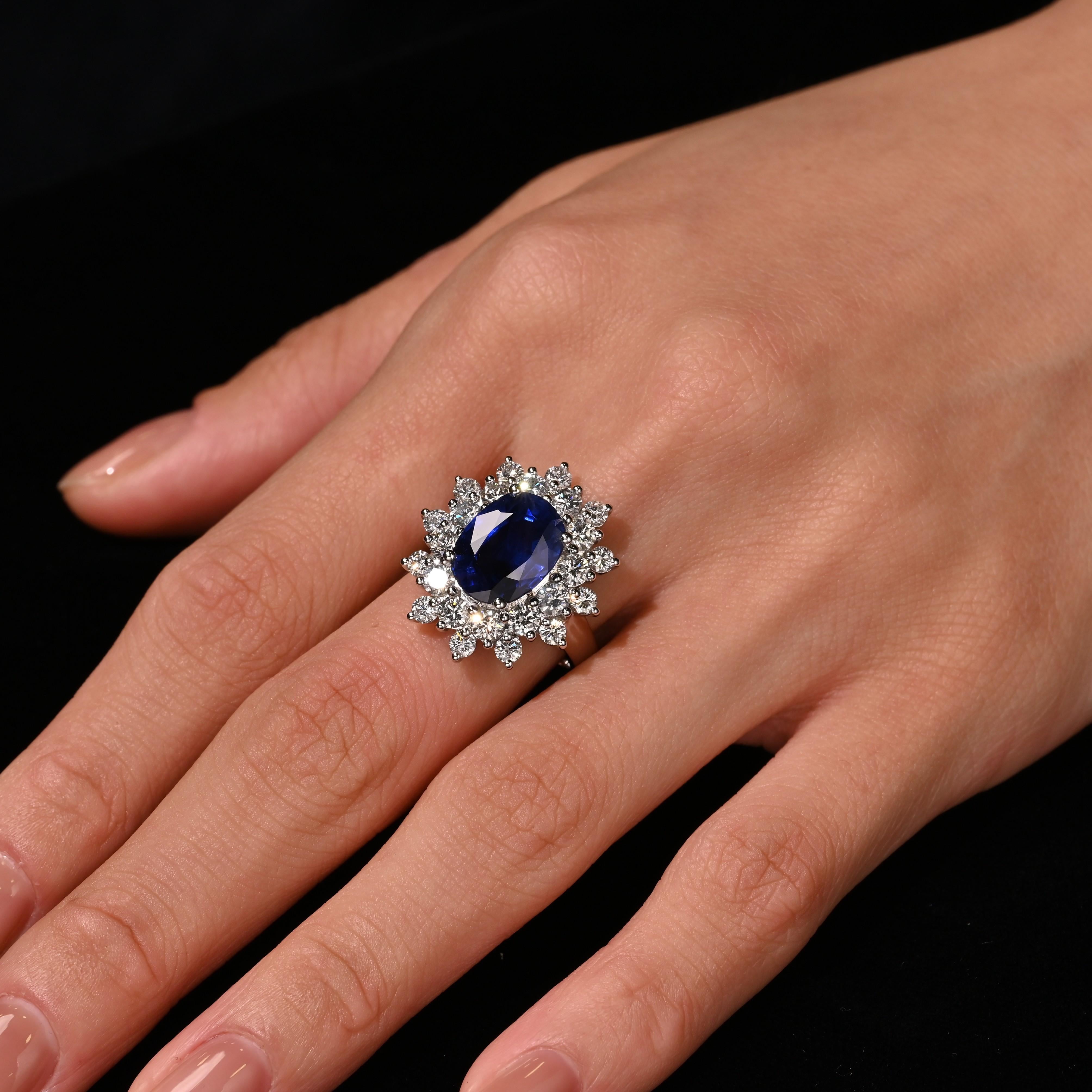 GRS Certified 5.79 Carat Oval Royal Blue Sapphire and Diamond Halo Ring For Sale 3