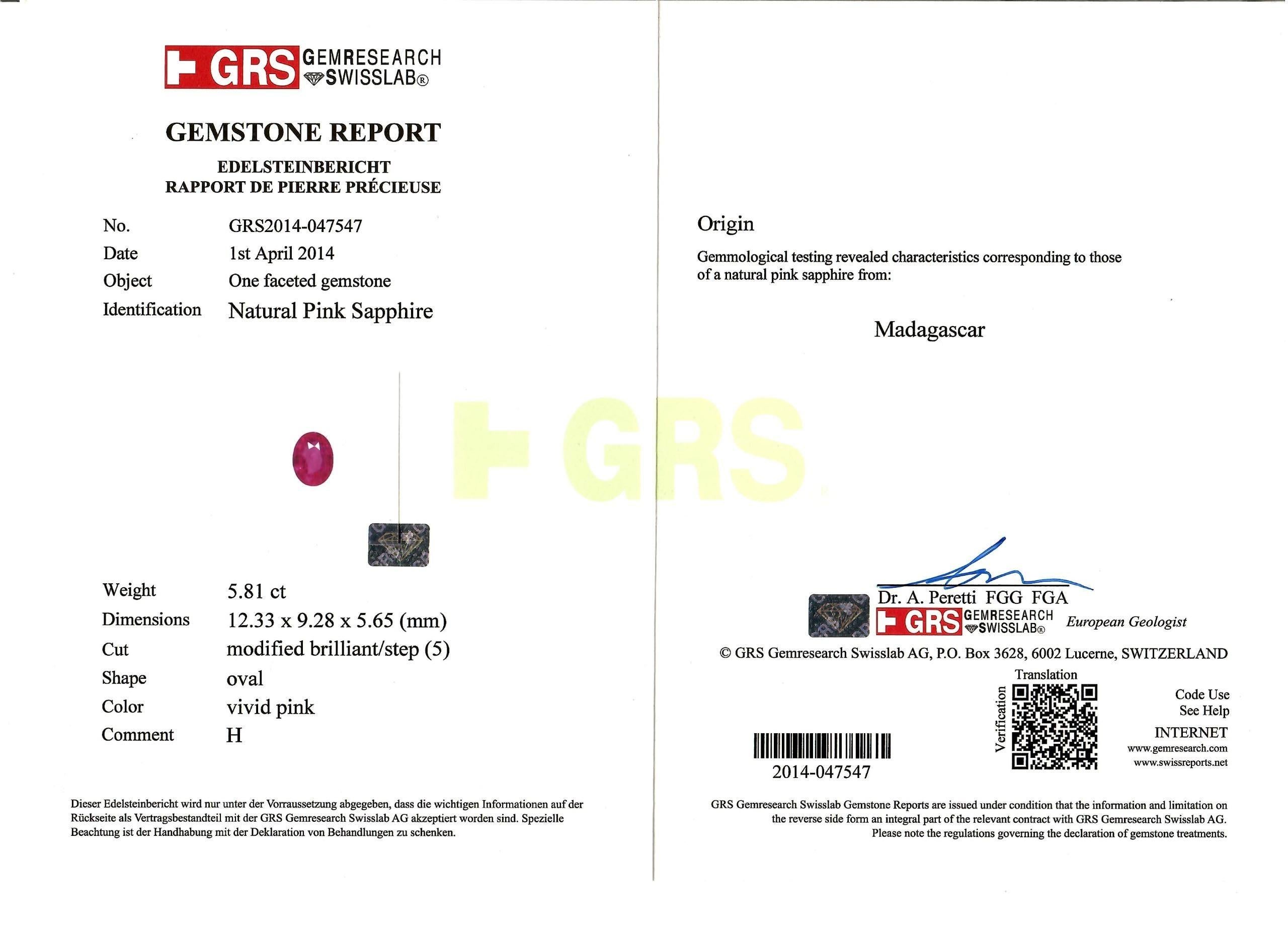 GRS-zertifizierter 5,81 Karat rosa Saphir & 3,59 Karat Diamantring aus 18 Karat Weißgold im Angebot 6