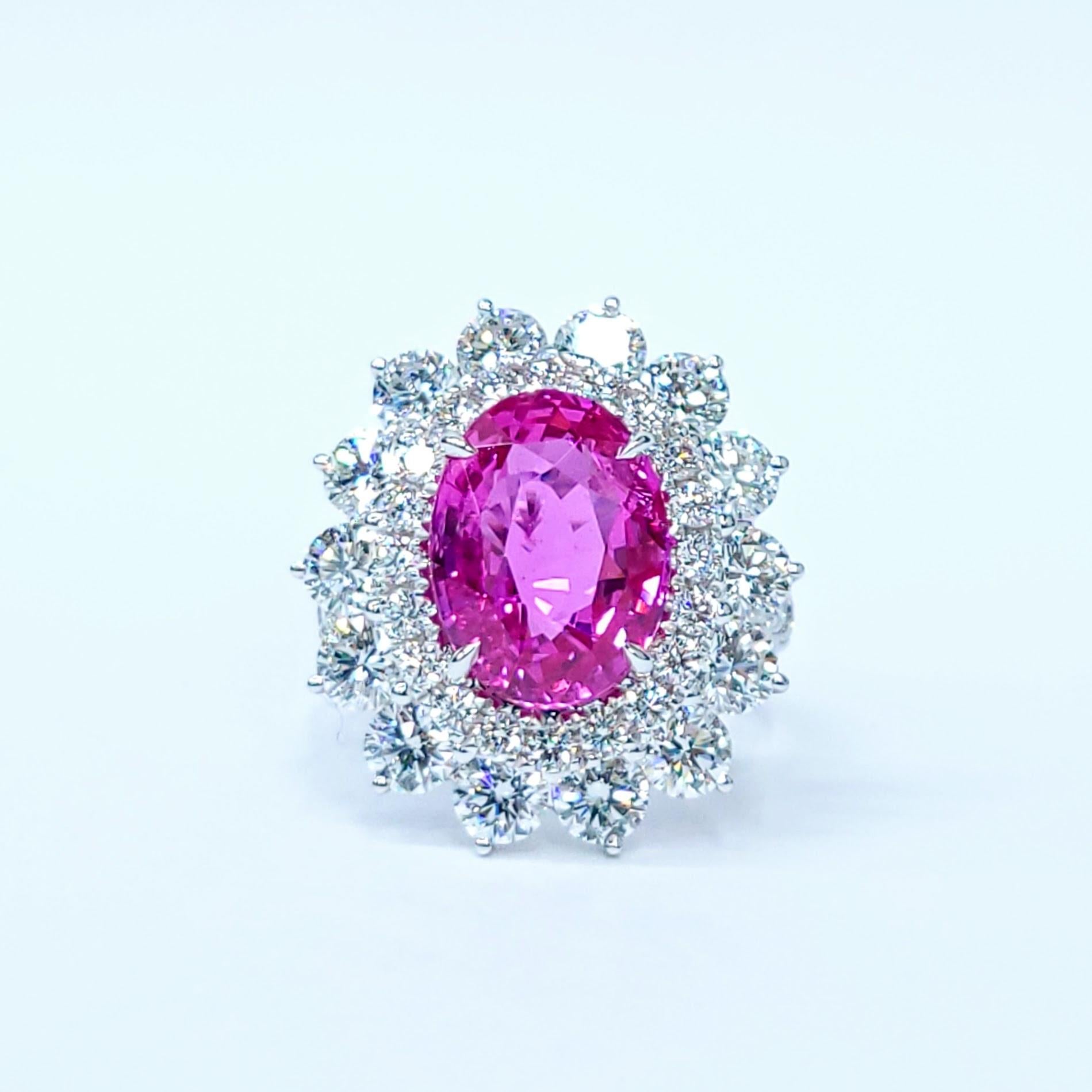 Oval Cut GRS Certified 5.81 Ct Pink Sapphire & 3.59 Ct Diamond Ring in 18K White Gold For Sale