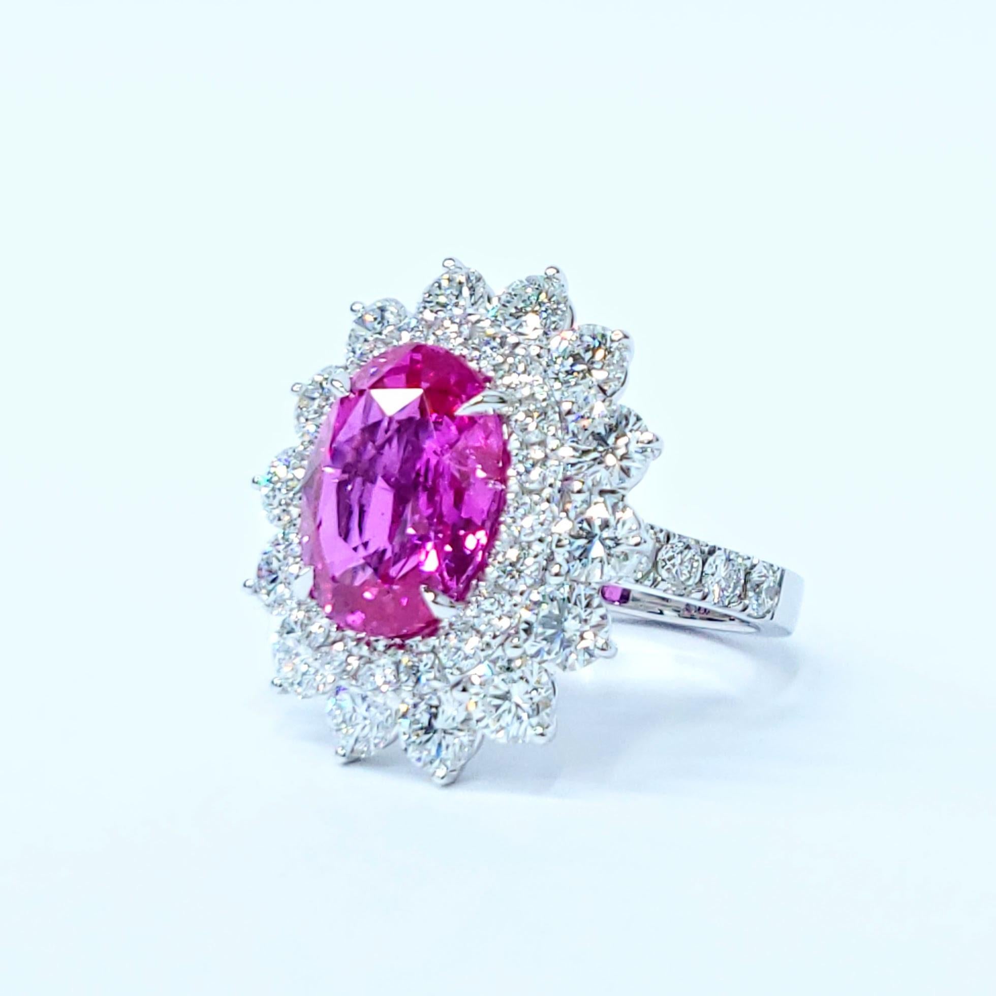 Women's GRS Certified 5.81 Ct Pink Sapphire & 3.59 Ct Diamond Ring in 18K White Gold For Sale