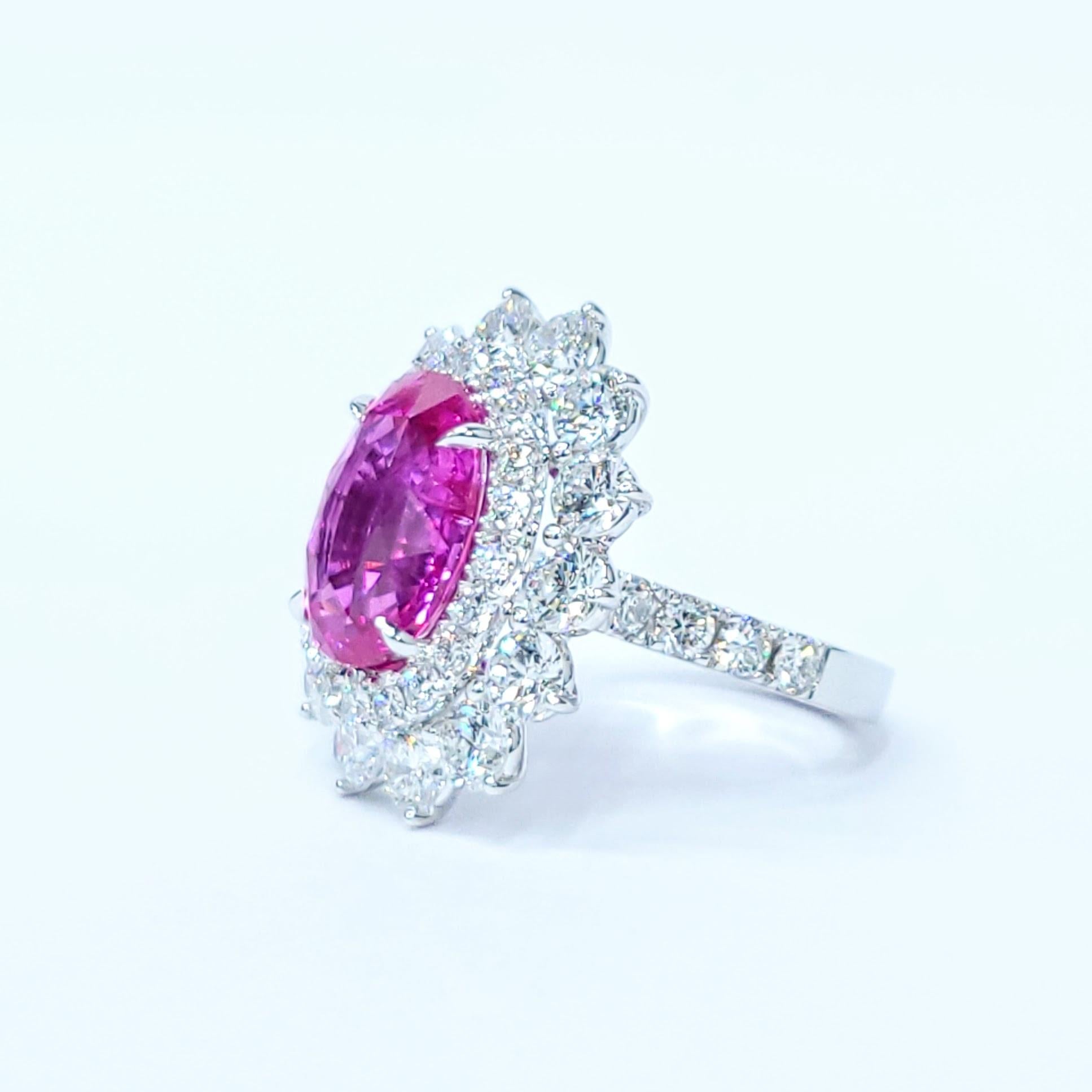 GRS Certified 5.81 Ct Pink Sapphire & 3.59 Ct Diamond Ring in 18K White Gold For Sale 1