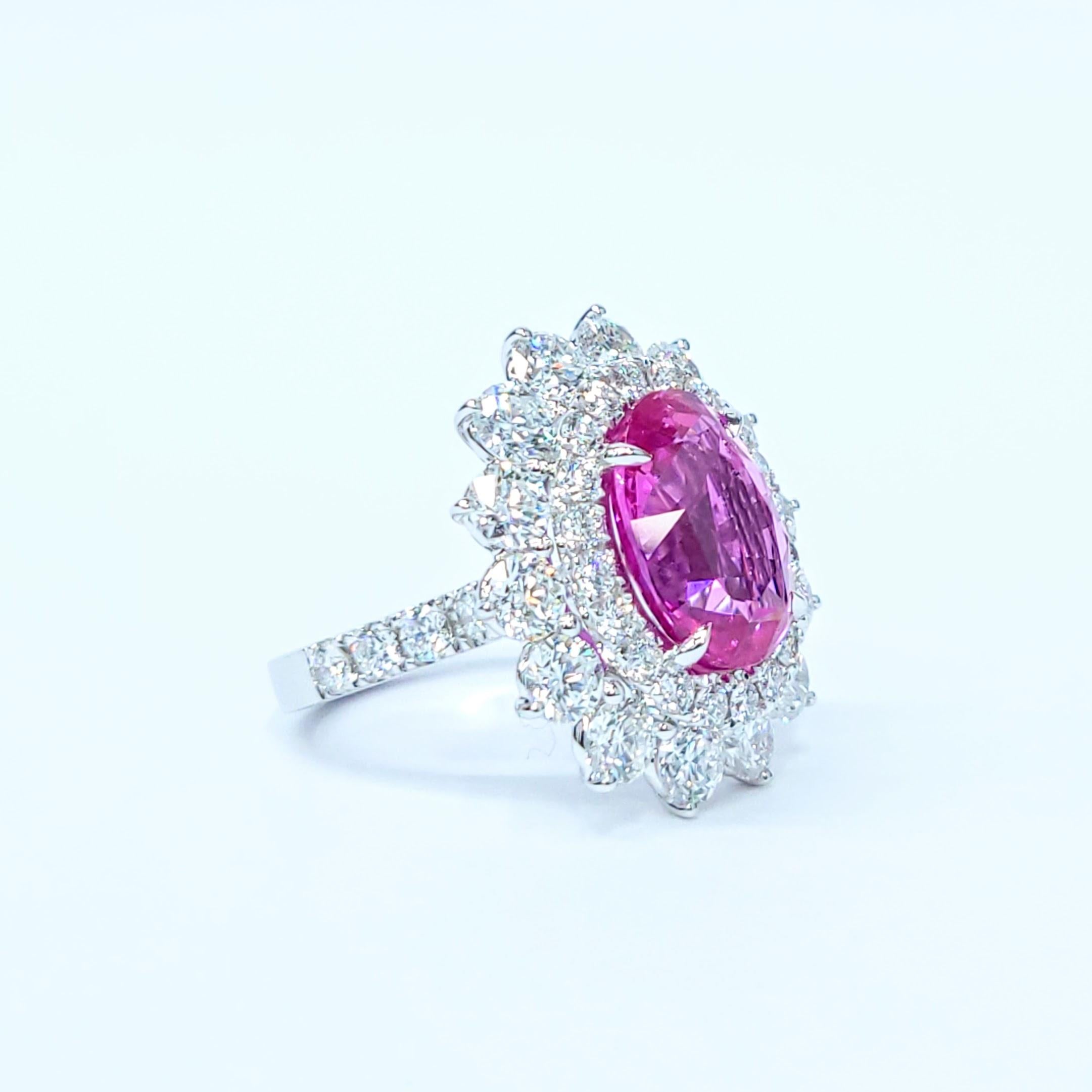 GRS Certified 5.81 Ct Pink Sapphire & 3.59 Ct Diamond Ring in 18K White Gold For Sale 4