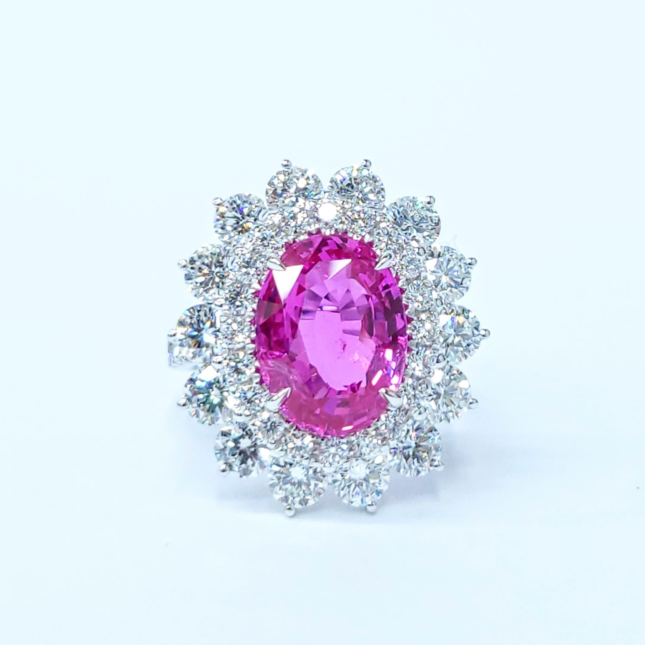 GRS Certified 5.81 Ct Pink Sapphire & 3.59 Ct Diamond Ring in 18K White Gold For Sale 5