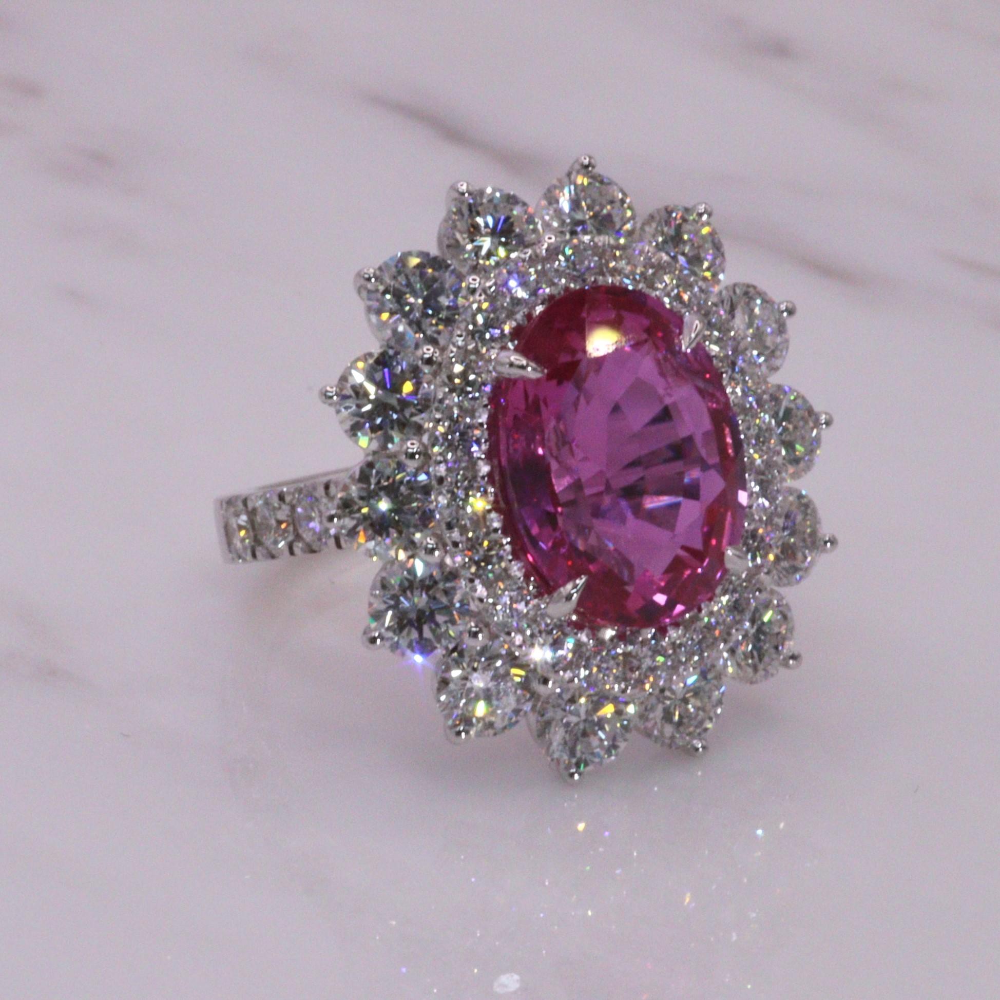 Modern GRS Certified 5.81 Ct Pink Sapphire & 3.59 Ct Diamond Ring in 18K White Gold For Sale