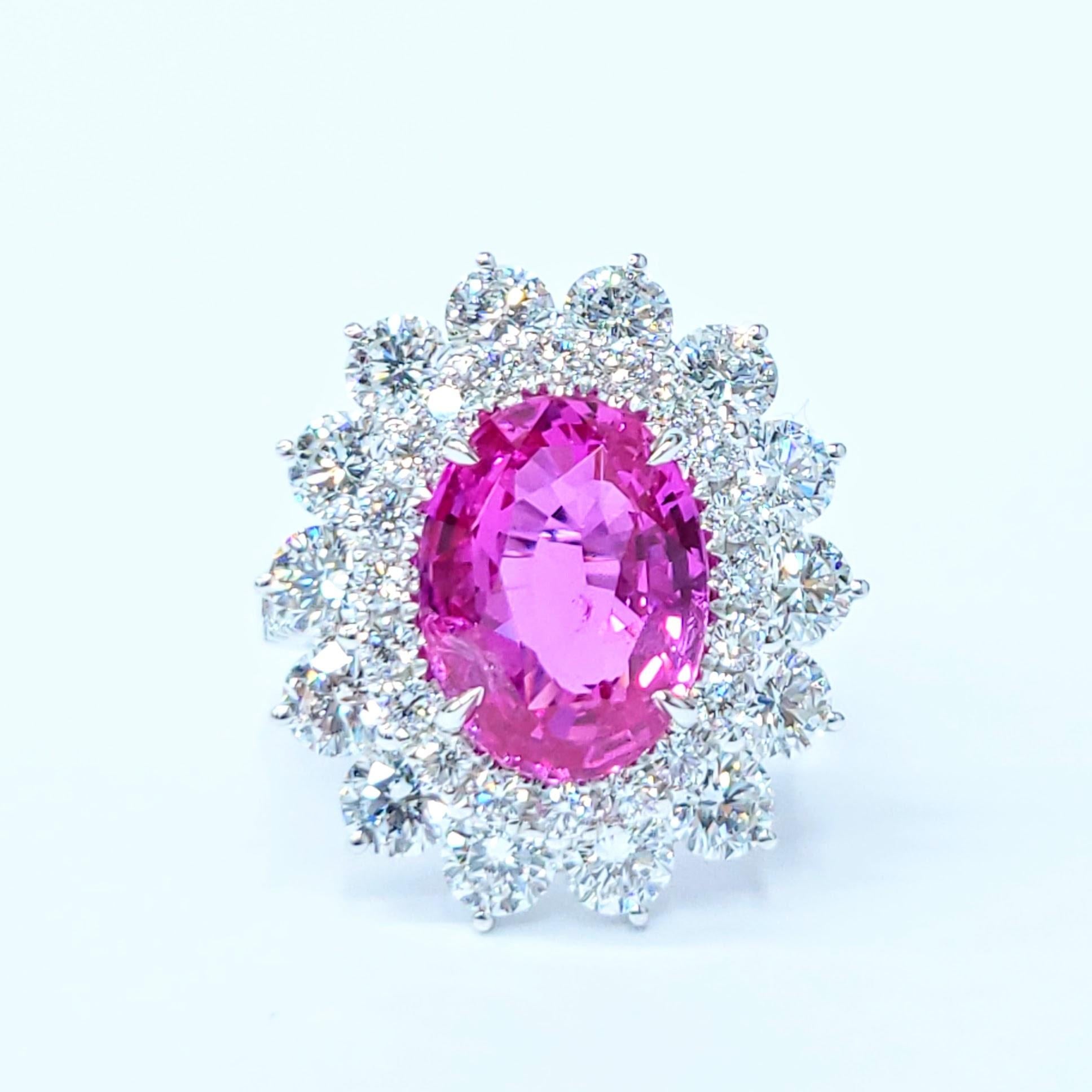 Modern GRS Certified 5.81 Ct Pink Sapphire & 3.59 Ct Diamond Ring in 18K White Gold For Sale