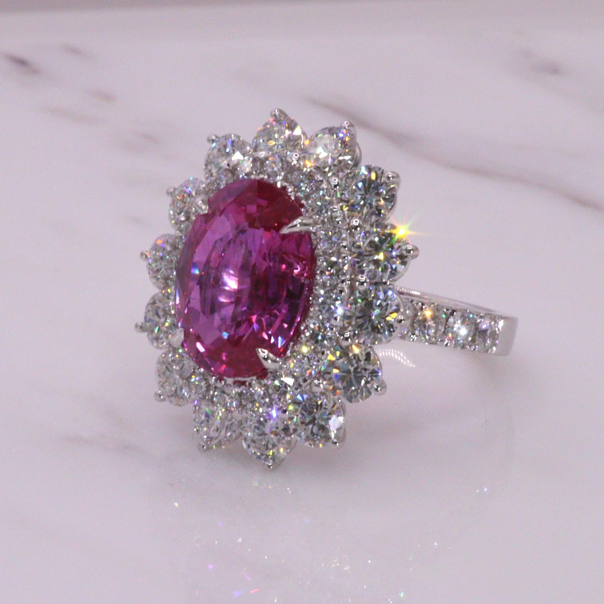 GRS Certified 5.81 Ct Pink Sapphire & 3.59 Ct Diamond Ring in 18K White Gold For Sale 12