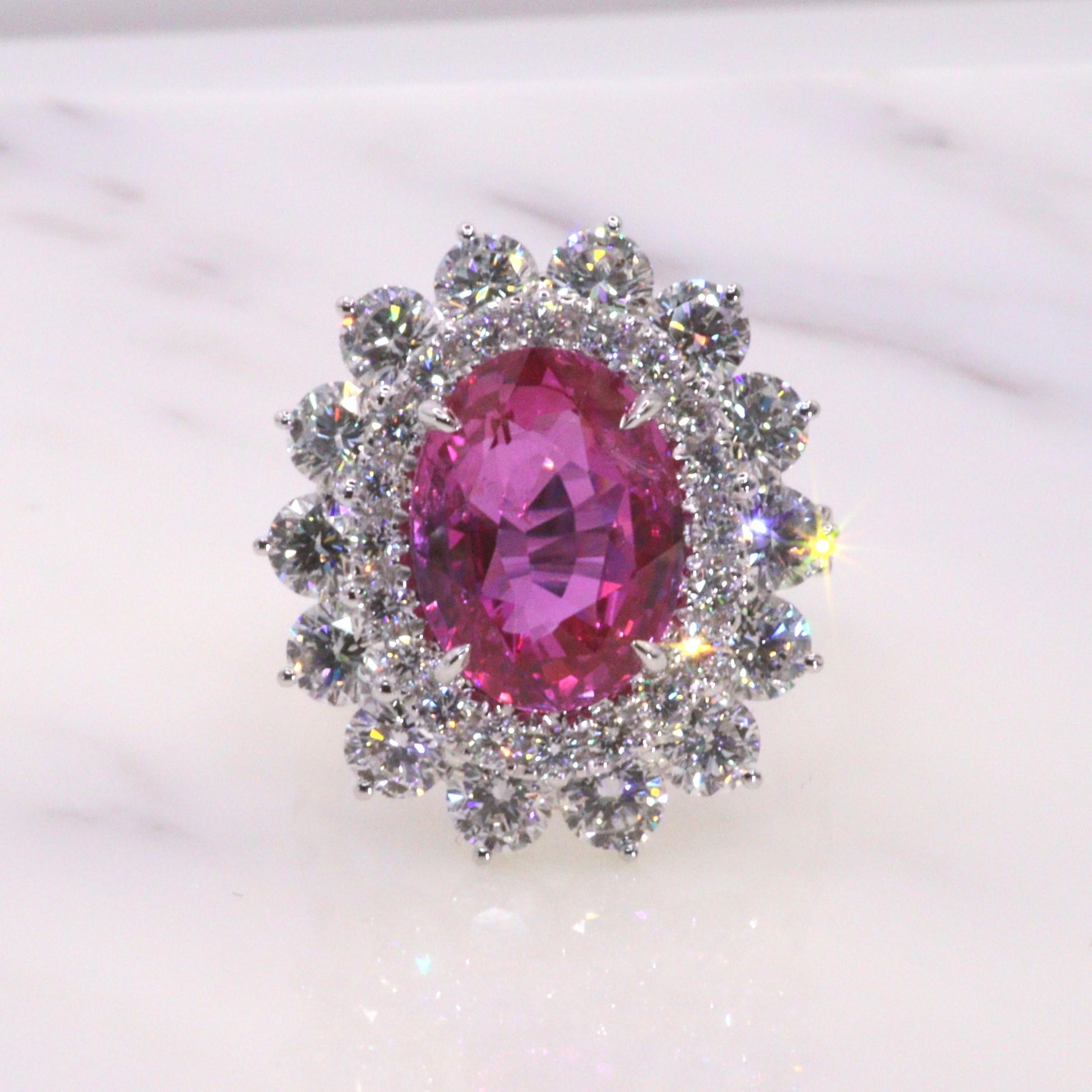 Women's GRS Certified 5.81 Ct Pink Sapphire & 3.59 Ct Diamond Ring in 18K White Gold For Sale