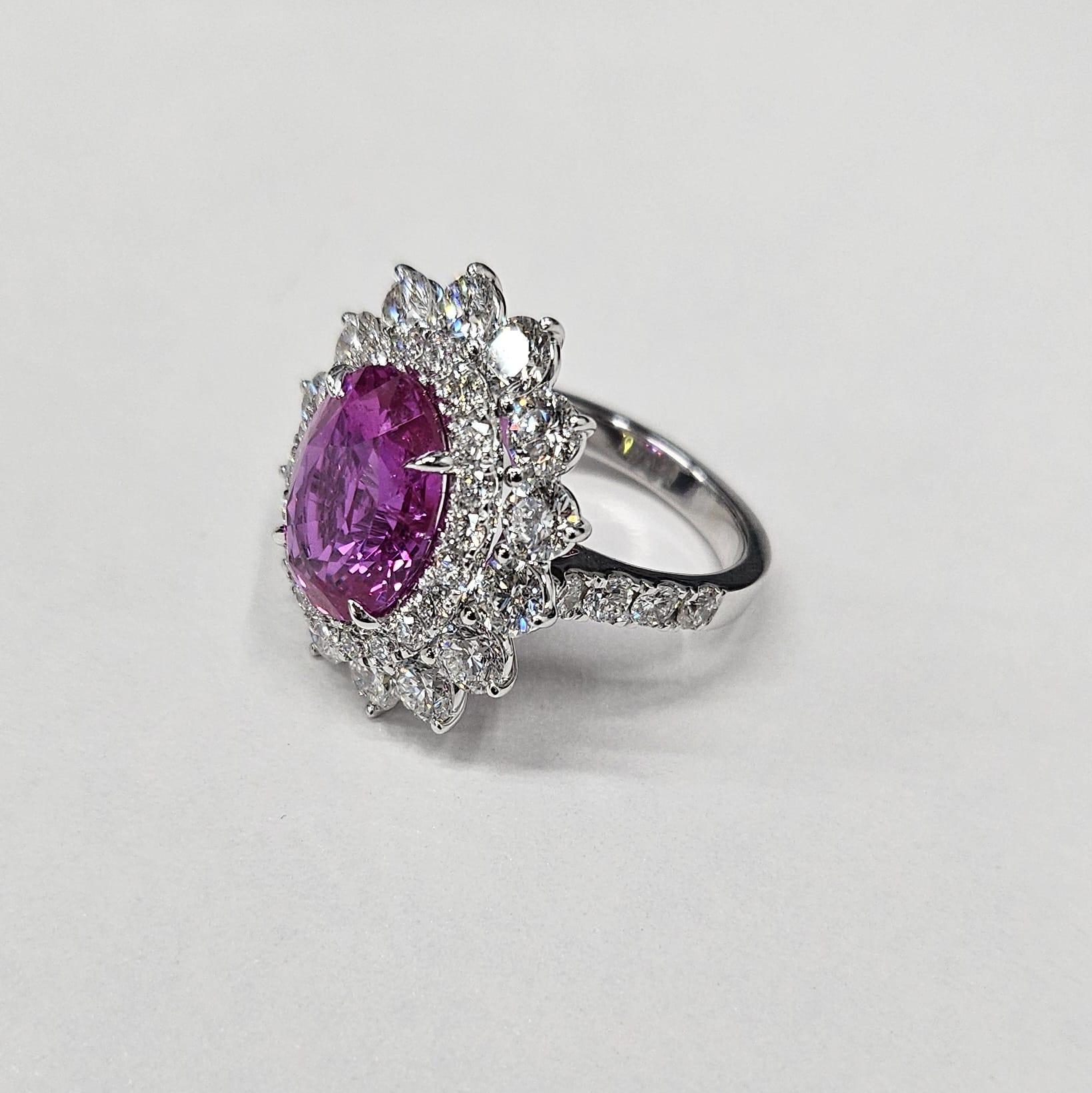 GRS Certified 5.81 Ct Pink Sapphire & 3.59 Ct Diamond Ring in 18K White Gold For Sale 1