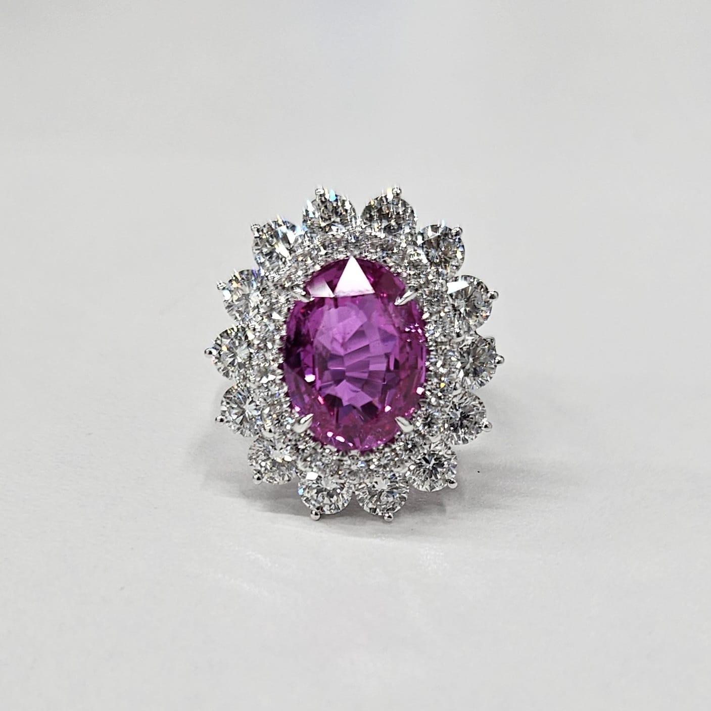 GRS Certified 5.81 Ct Pink Sapphire & 3.59 Ct Diamond Ring in 18K White Gold For Sale 2