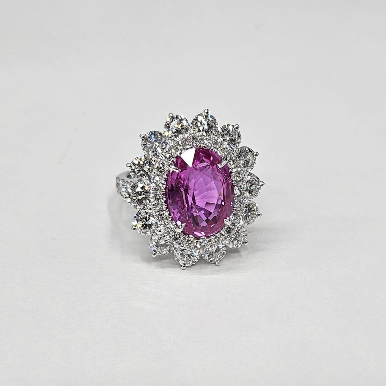 GRS Certified 5.81 Ct Pink Sapphire & 3.59 Ct Diamond Ring in 18K White Gold For Sale 4