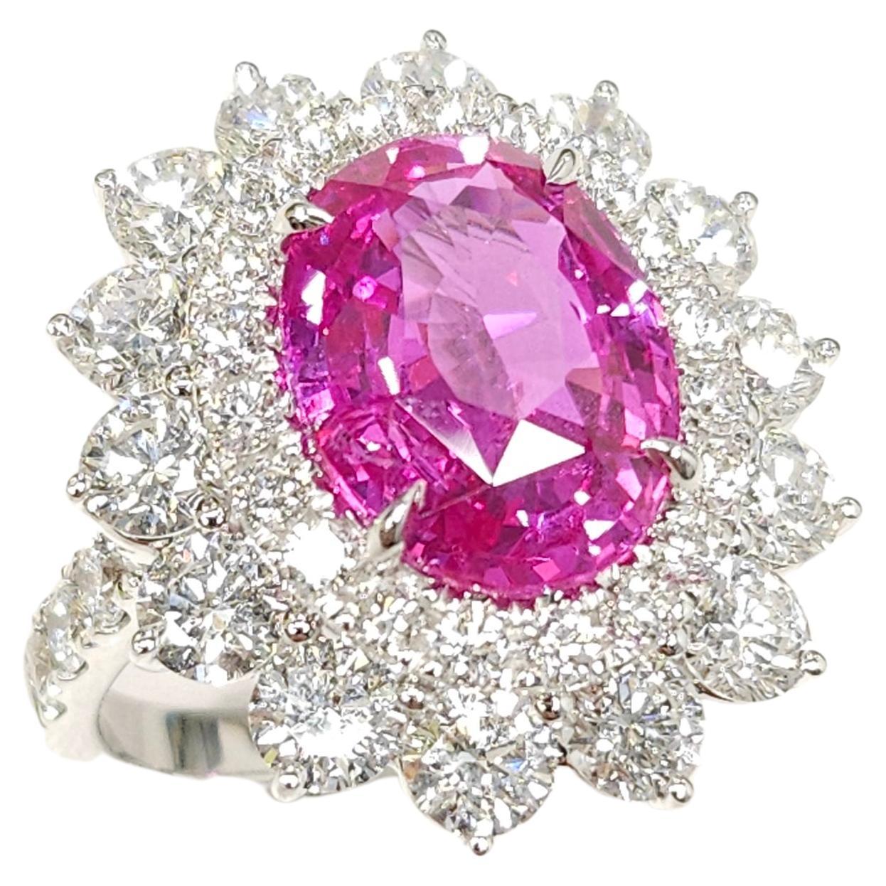 GRS Certified 5.81 Ct Pink Sapphire & 3.59 Ct Diamond Ring in 18K White Gold For Sale