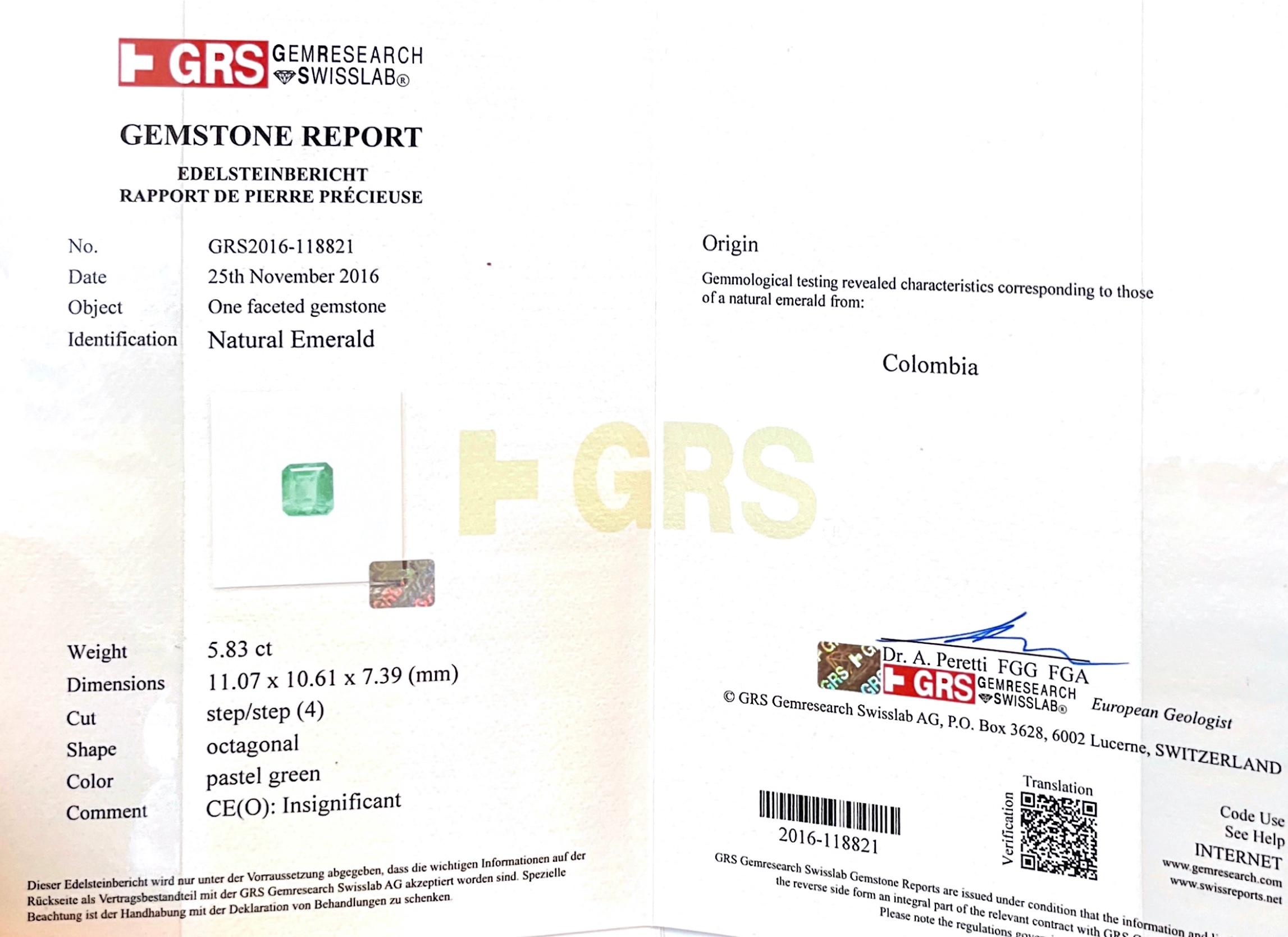 GRS-zertifizierter 5,83 Karat kolumbianischer Smaragd in 18K schwebender Solitär-Halskette im Angebot 5