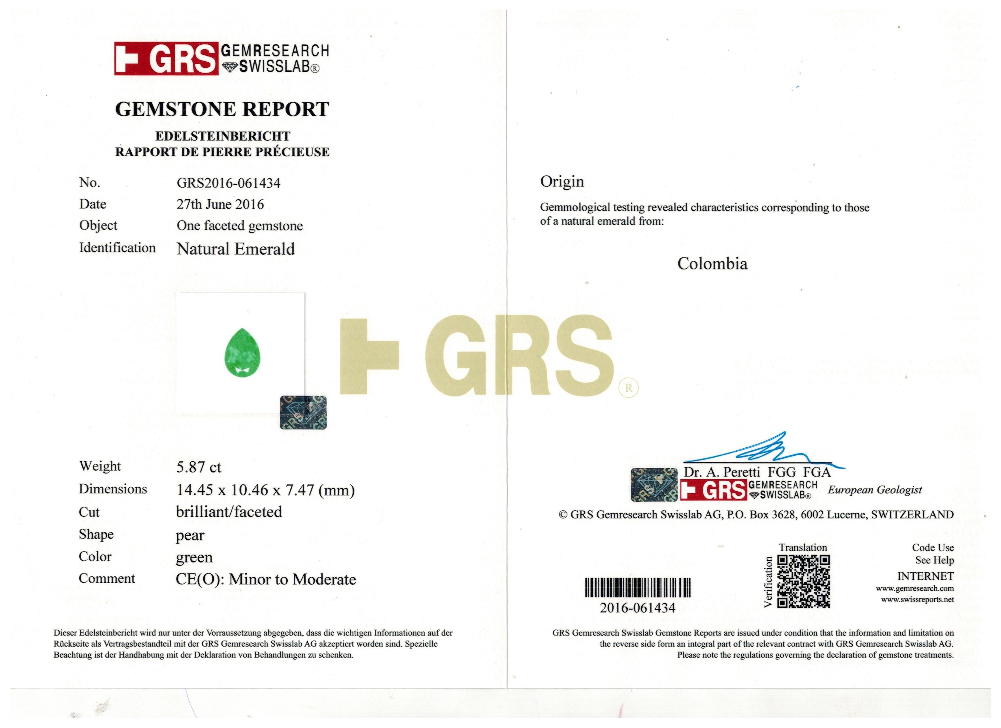 GRS-zertifizierter 5,87 Karat kolumbianischer Smaragd-Dreisteinring mit drei Steinen (Tropfenschliff) im Angebot