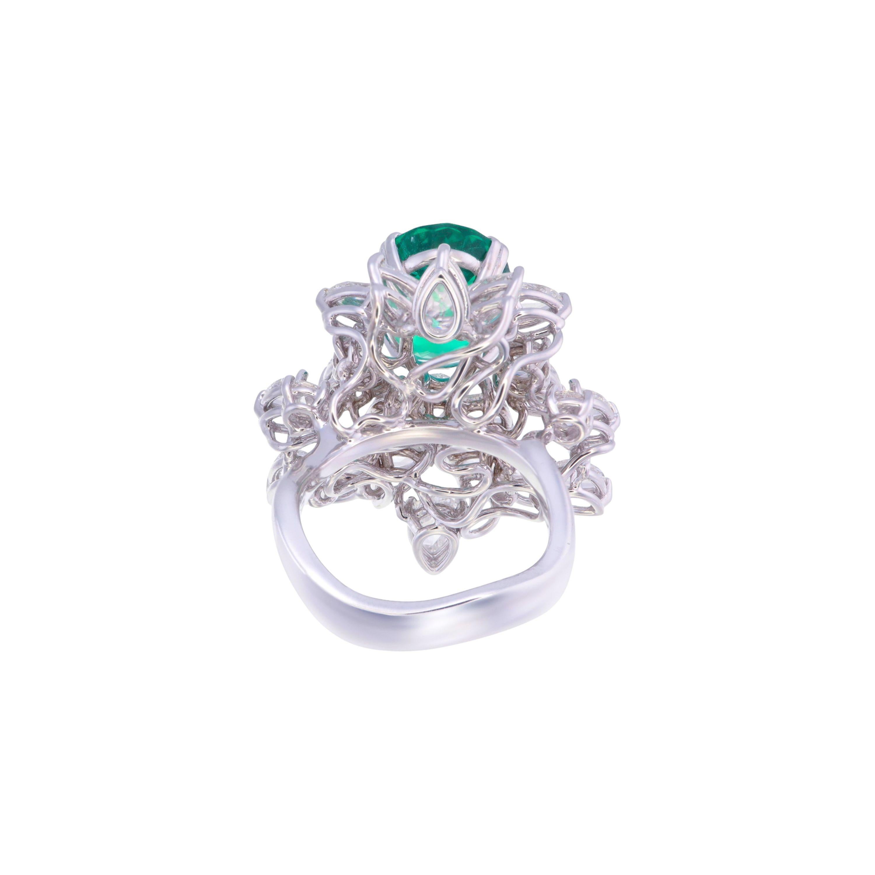 Emerald Cut GRS Certified 5.87 Carat Vivid Green Emerald & Rose Cut Diamond Cocktail Ring For Sale