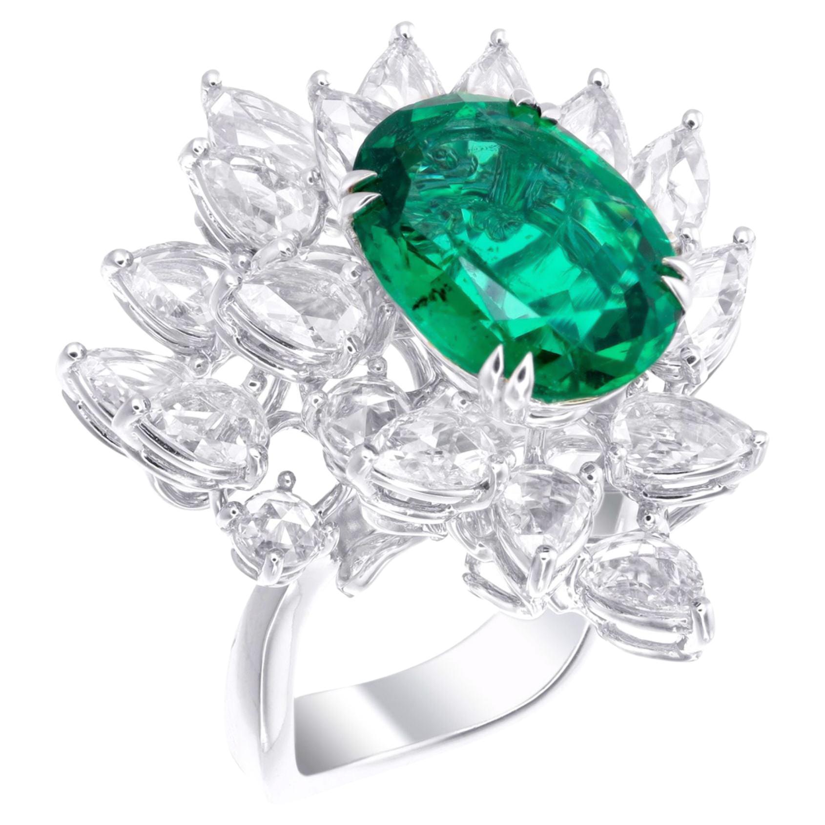 GRS Certified 5.87 Carat Vivid Green Emerald & Rose Cut Diamond Cocktail Ring
