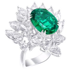 Bague de cocktail certifiée GRS de 5,87 carats d'émeraudes vertes Vivid Diamonds et de diamants taillés en rose