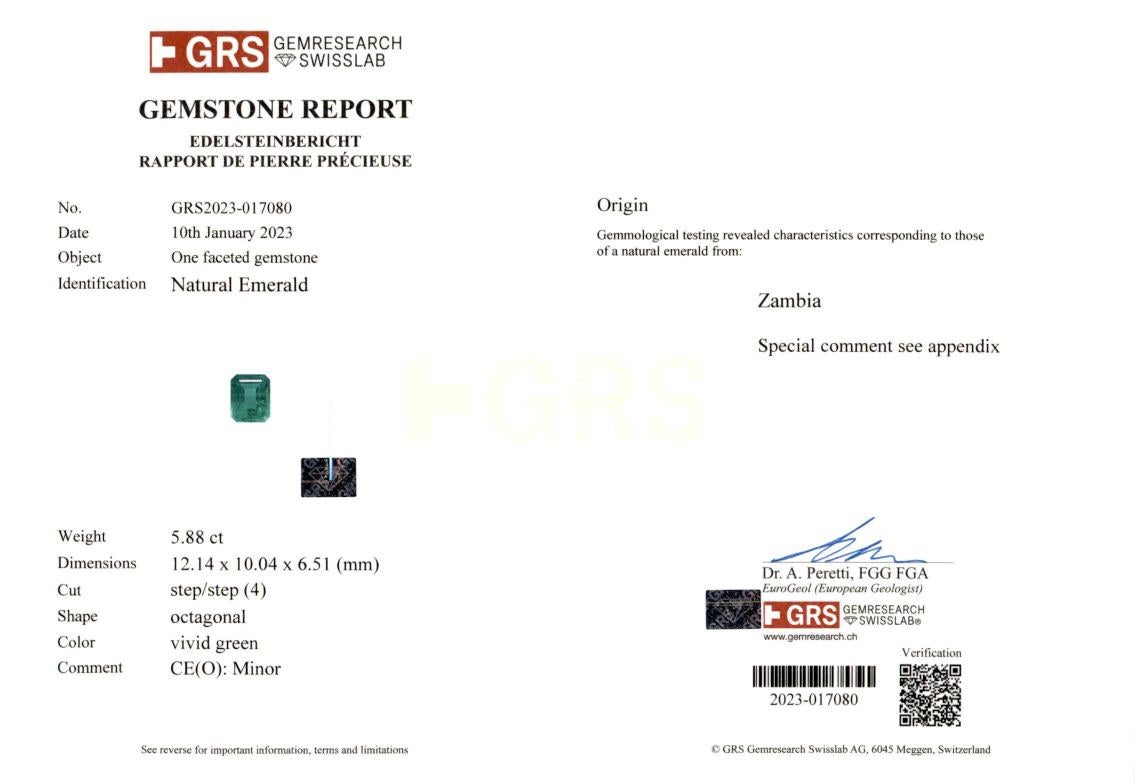 Emerald Cut GRS Certified 5.88 Carat VIVID GREEN Emerald Diamond Ring For Sale