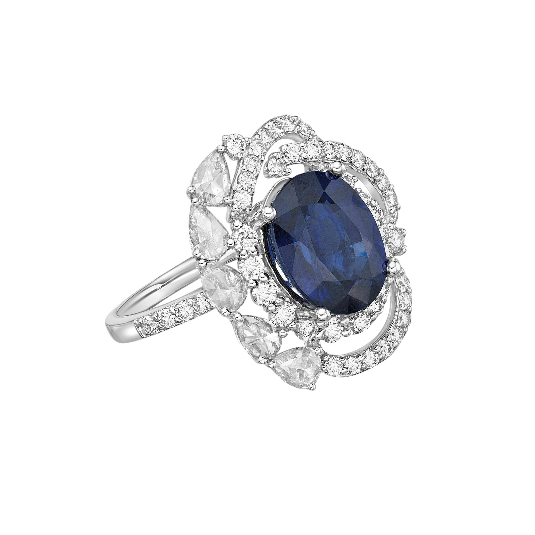 Contemporary GRS Certified 5.89 Carat Vivid Blue Sapphire & Diamond Ring in 18K White Gold For Sale