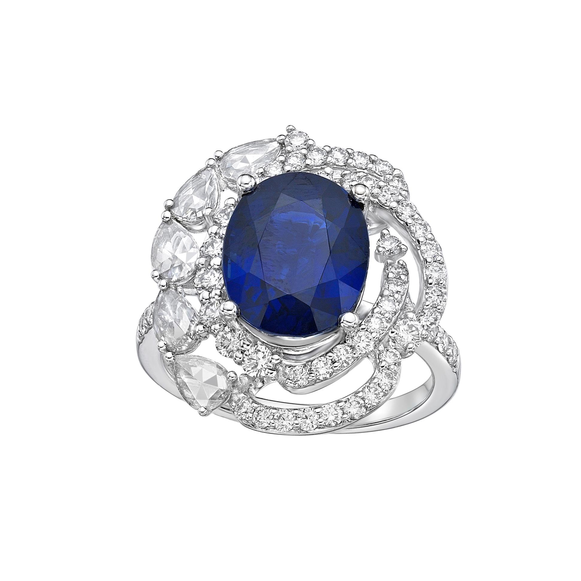 GRS Certified 5.89 Carat Vivid Blue Sapphire & Diamond Ring in 18K White Gold In New Condition For Sale In Hong Kong, HK