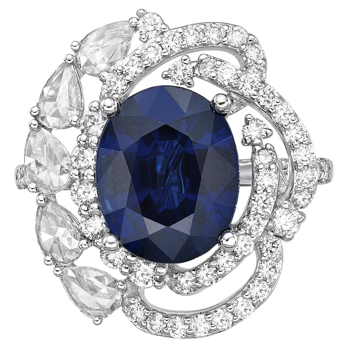 Bague en or blanc 18 carats avec saphir bleu vif et diamants certifiés GRS de 5,89 carats en vente