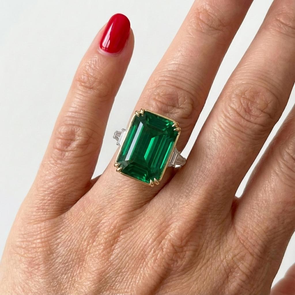 Dieser außergewöhnliche Ring von Antinori Fine Jewels ist eine maßgeschneiderte Kreation, in deren Mittelpunkt ein prächtiger 5,93-karätiger GRS-zertifizierter natürlicher Smaragd aus Sambia steht. Der lebhaft grüne, achteckige Smaragd im