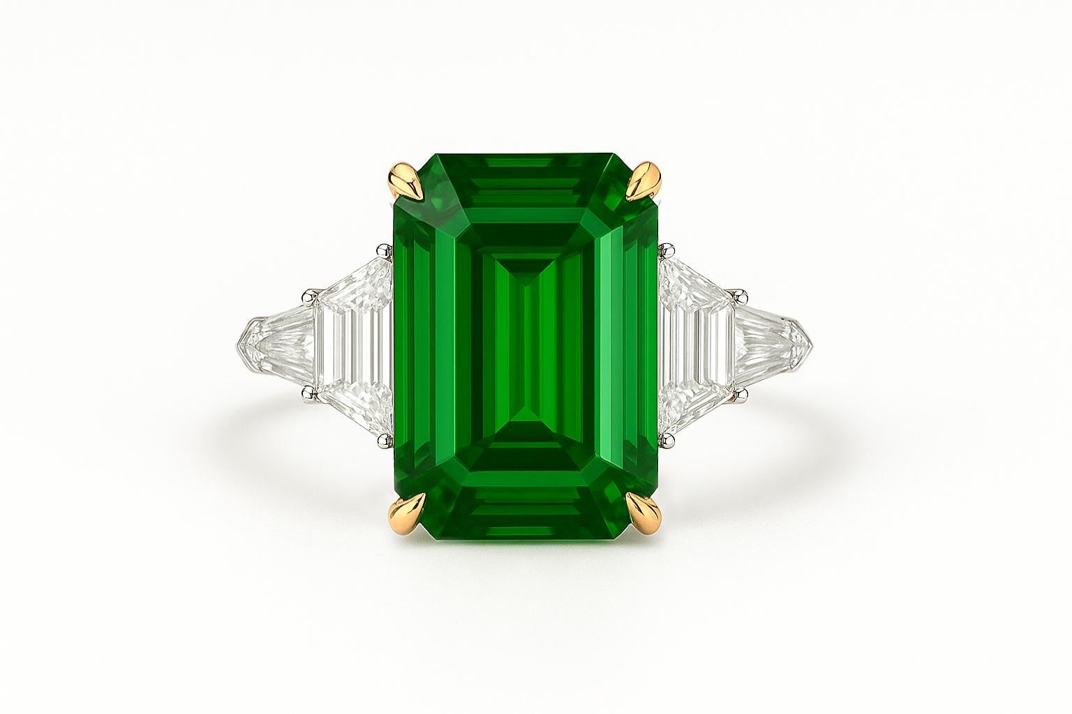 Contemporary GRS Certified 5.93 Carat Minor Oil Green Emerald and Diamond Platinum Ring For Sale