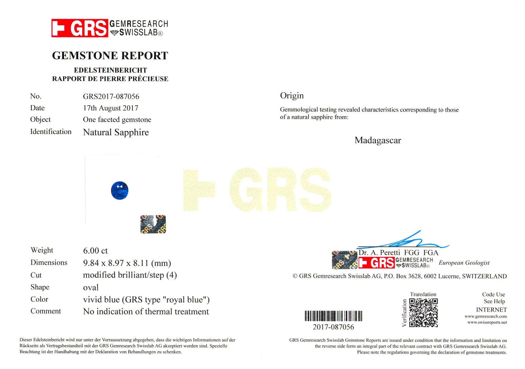 GRS Certified 6 Carat VIVID BLUE Sapphire Diamond Ring In New Condition For Sale In Chicago, IL