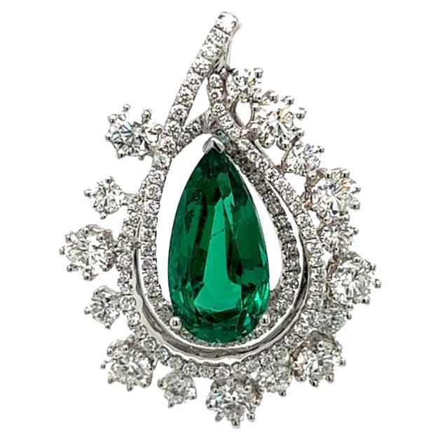 GRS Certified 6.03 Carat Emerald and Diamond Pendant in 18 Karat White Gold For Sale