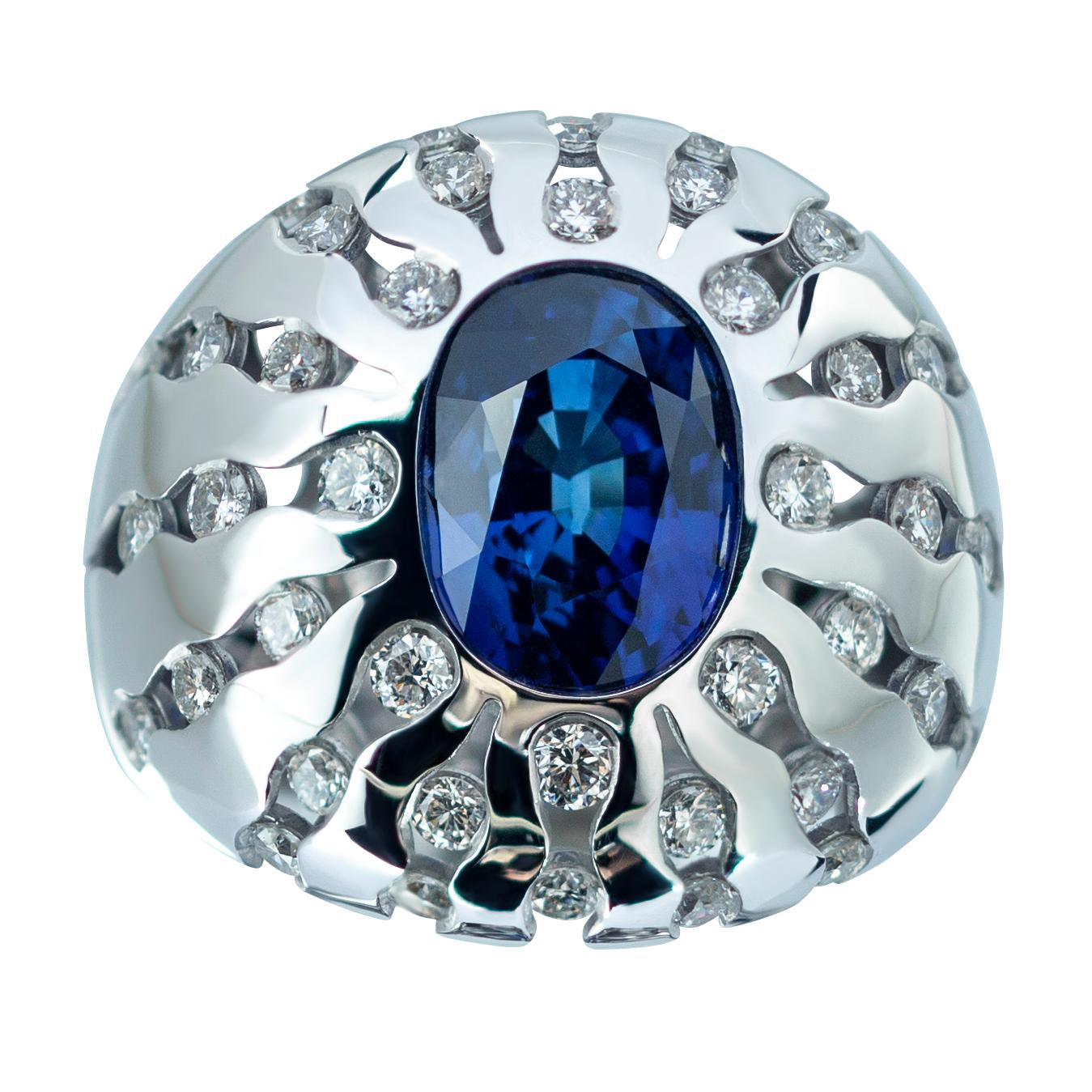 GRS Certified 6.03 Carat Royal Blue Sapphire Diamonds 18 Karat White Gold Ring
Despite the fact that this Royal Blue Sapphire totaling 6.03 Ct  is self-sufficient, paired with scintillating 42 Diamonds totaling 2.24 Ct, it further increases its
