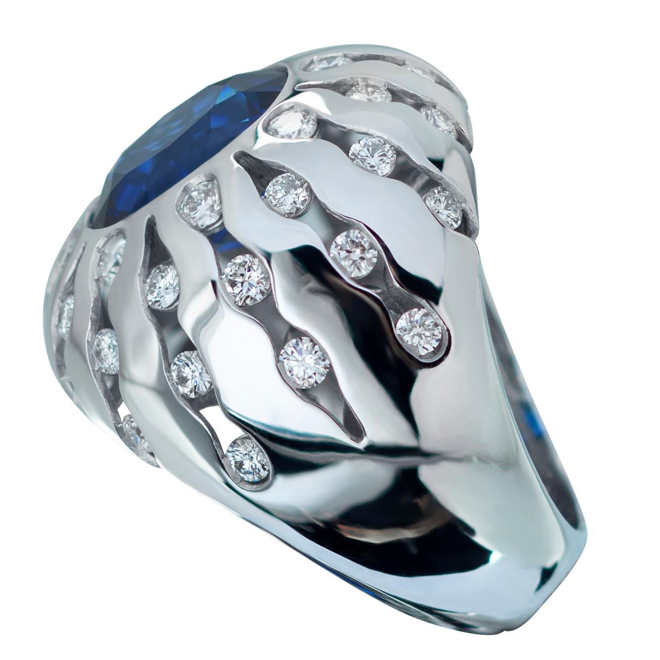 Contemporary GRS Certified 6.03 Carat Royal Blue Sapphire Diamonds 18 Karat White Gold Ring For Sale