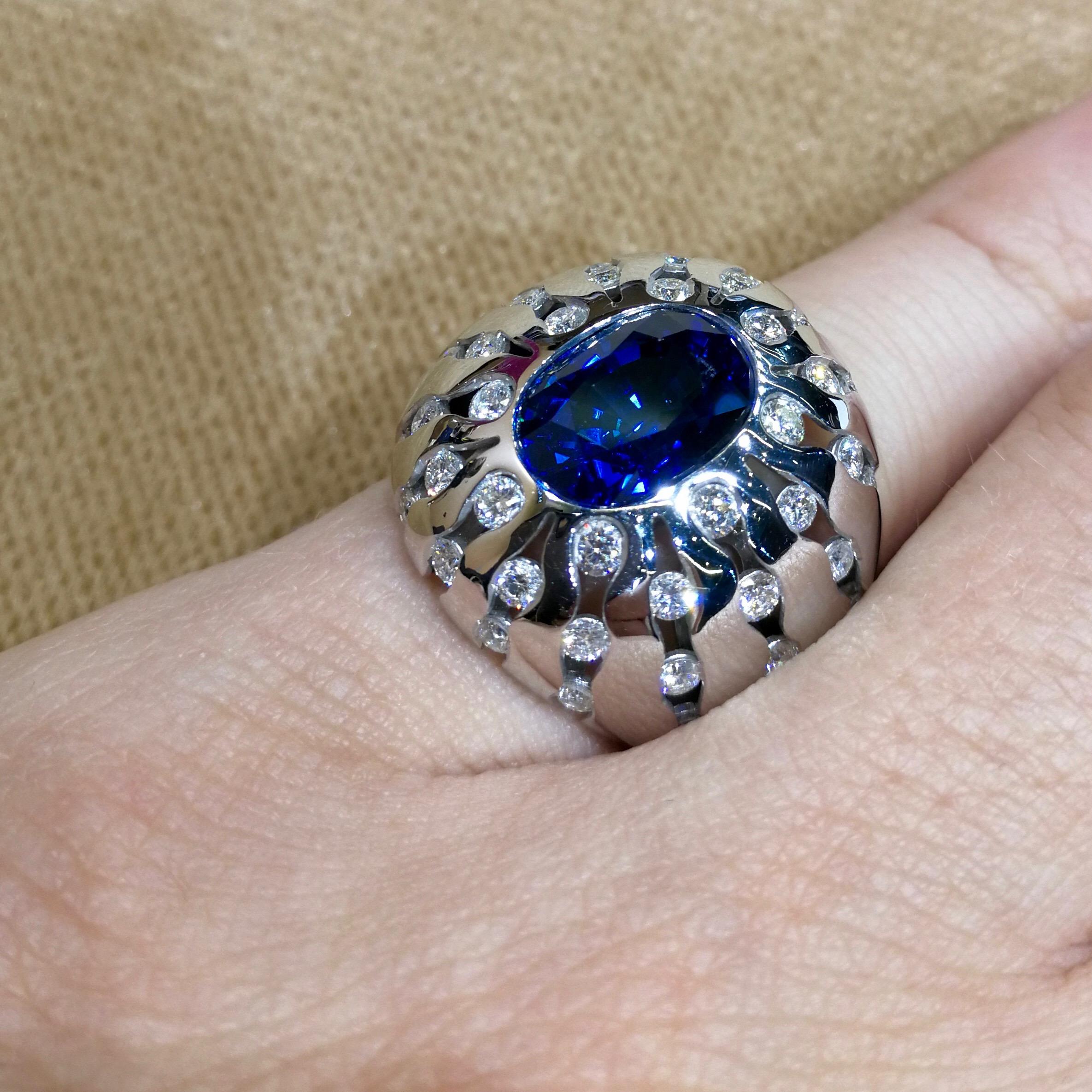 Oval Cut GRS Certified 6.03 Carat Royal Blue Sapphire Diamonds 18 Karat White Gold Ring For Sale