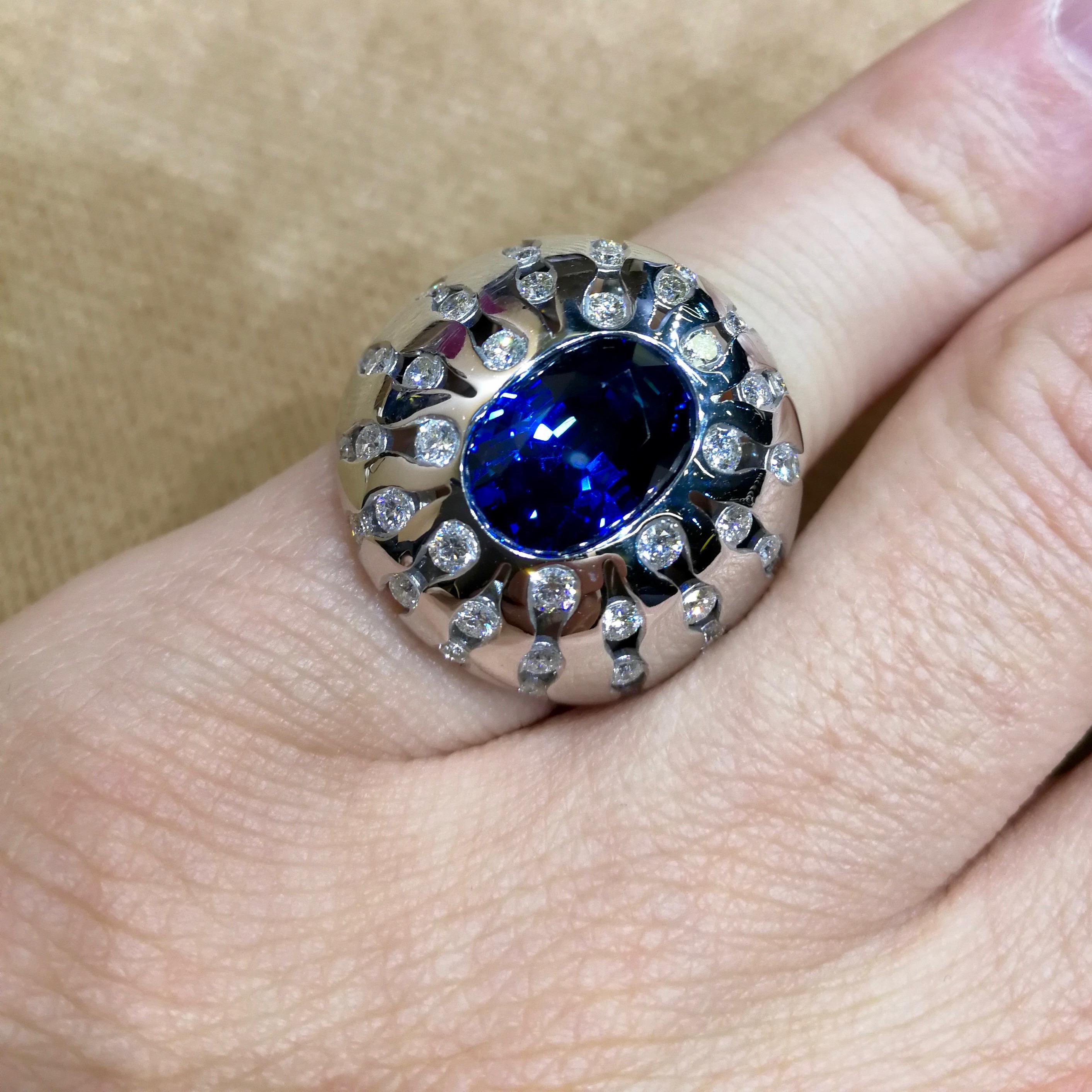 Women's GRS Certified 6.03 Carat Royal Blue Sapphire Diamonds 18 Karat White Gold Ring For Sale