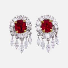 GRS Certified 6.04 Carat Pigeon Blood Ruby and Diamond Earrings in 18K Wt. Gold