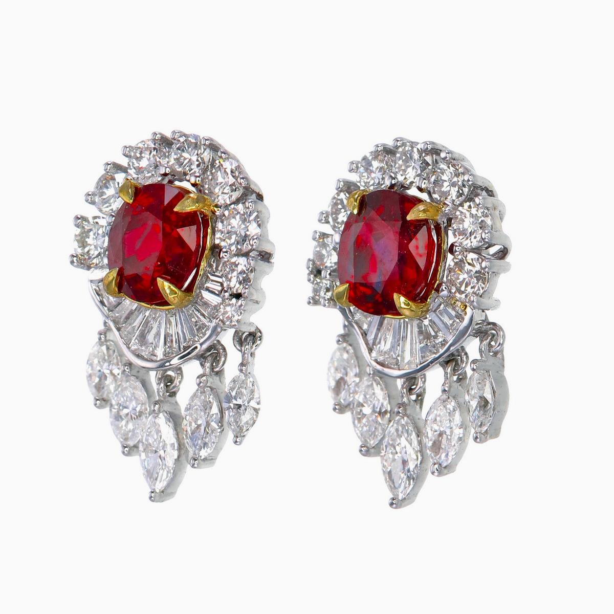 Cushion Cut GRS Certified 6.04 Carat Pigeon Blood Ruby and Diamond Earrings in 18K Wt. Gold For Sale