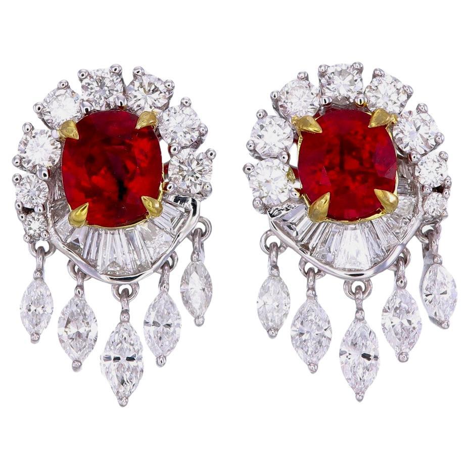 GRS Certified 6.04 Carat Pigeon Blood Ruby and Diamond Earrings in 18K Wt. Gold For Sale