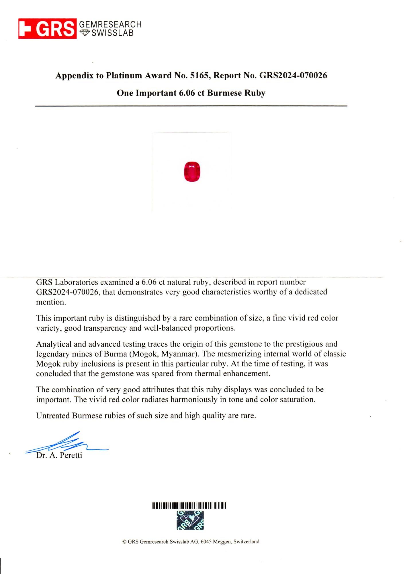 Anello con diamante di rubino birmano rosso vivo certificato Grs da 6,06 carati In condizioni Nuovo in vendita a Chicago, IL